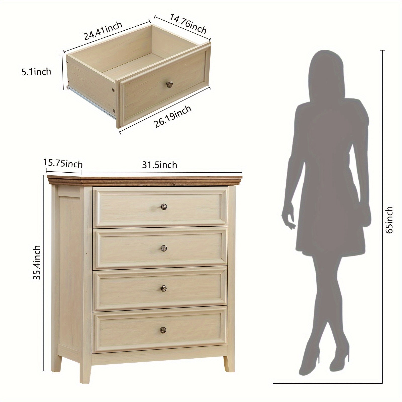 Beige Dresser for Bedroom, 4 Chest of Drawers, Modern Drawer Dresser, Wooden Beige Closet Dresser for living room, hallway