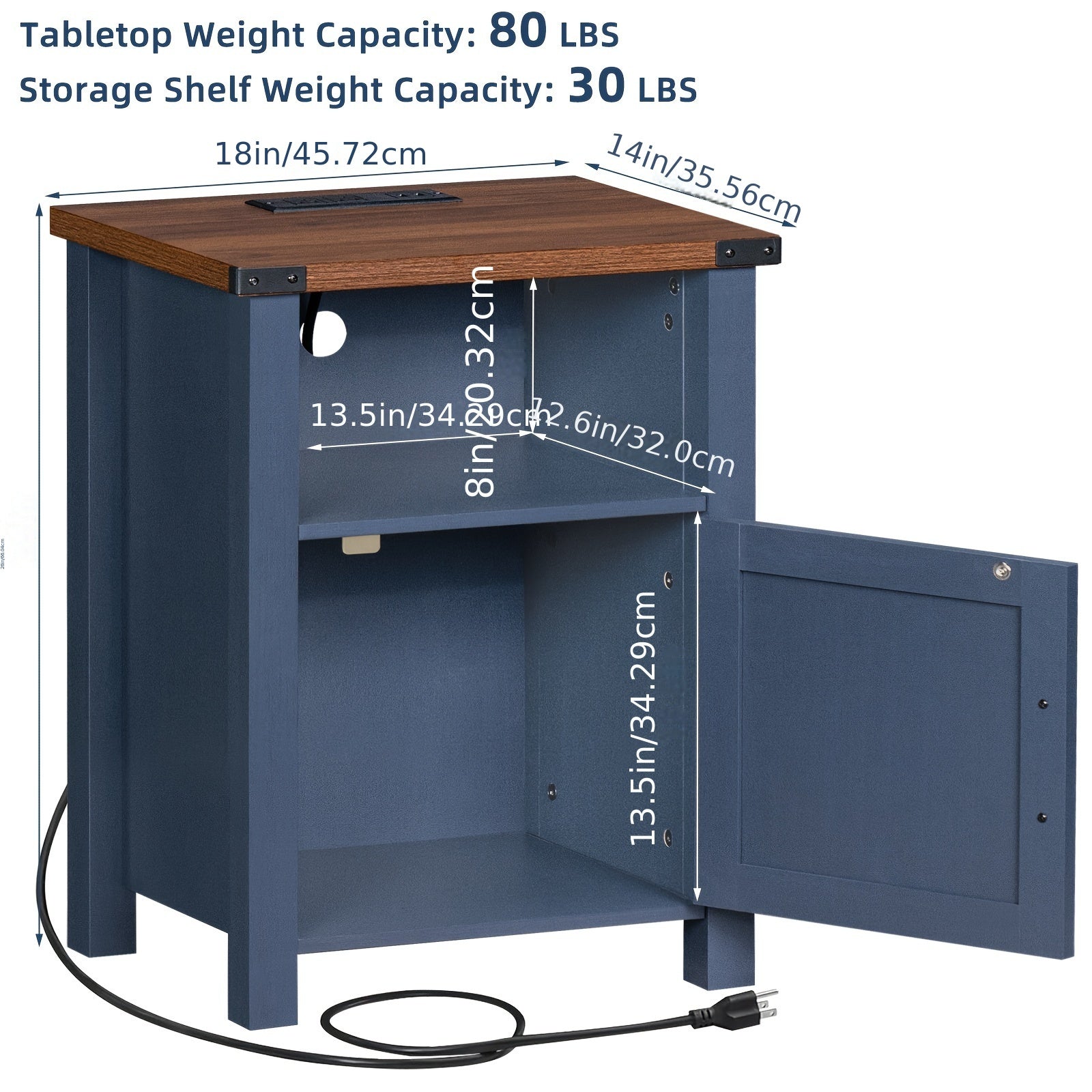 Charming Dark Blue 46cm Farmhouse Nightstand with Charging Station & USB Port, Rustic Hardwood End Table with Magnetic Doors & Storage Shelf - Ideal for Bedroom Comfort, Bedroom Decor