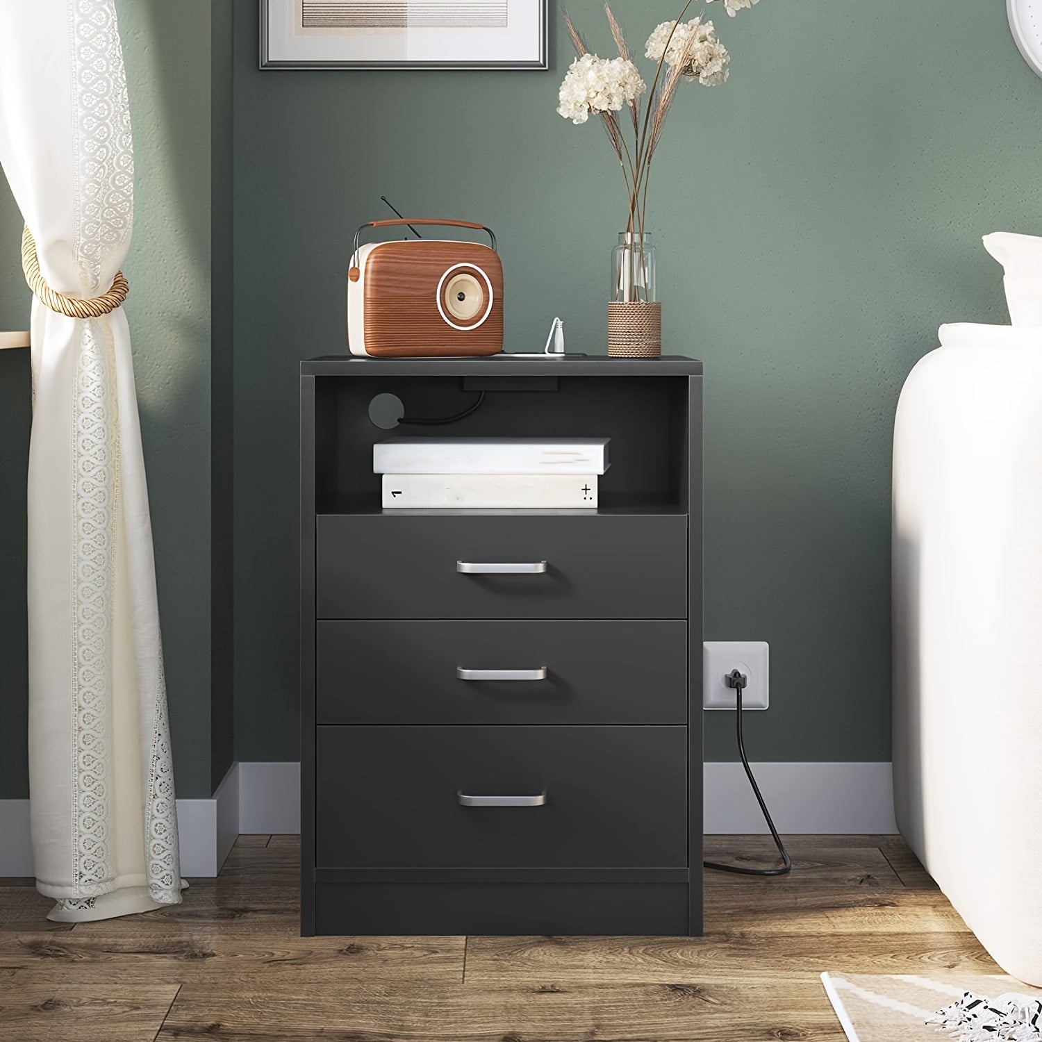 Black Nightstand with 3 Drawers amd Open Storage, Nightstand with USB Port, End Table Side Table Sofa Side Stand Cabinet with Sliding Drawer