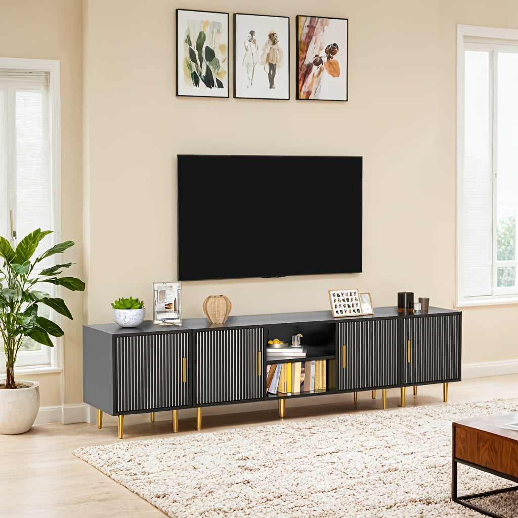 Luxury Fluted TV Stand with 2 Side Tables, Entertainment Center for TVs Up to 80", Modern Media Console with Cabinets, TV Console for Living Room Bedroom