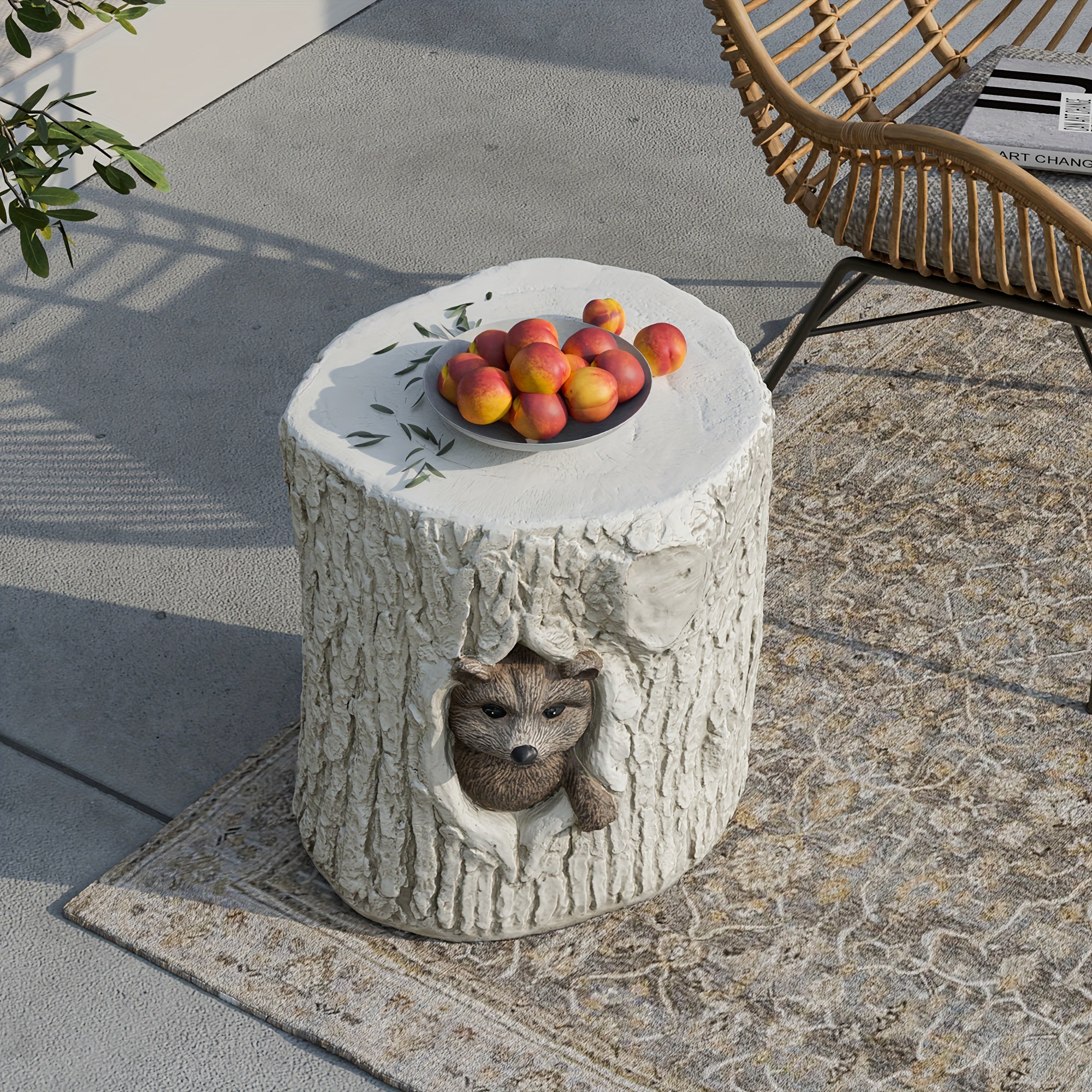 Concrete Side Table, Outdoor Side Table for Patio, 14-inch Raccoon Accent Table Patio Side Table End Table, Patio Ceramic Side Table Garden Stool Log Table