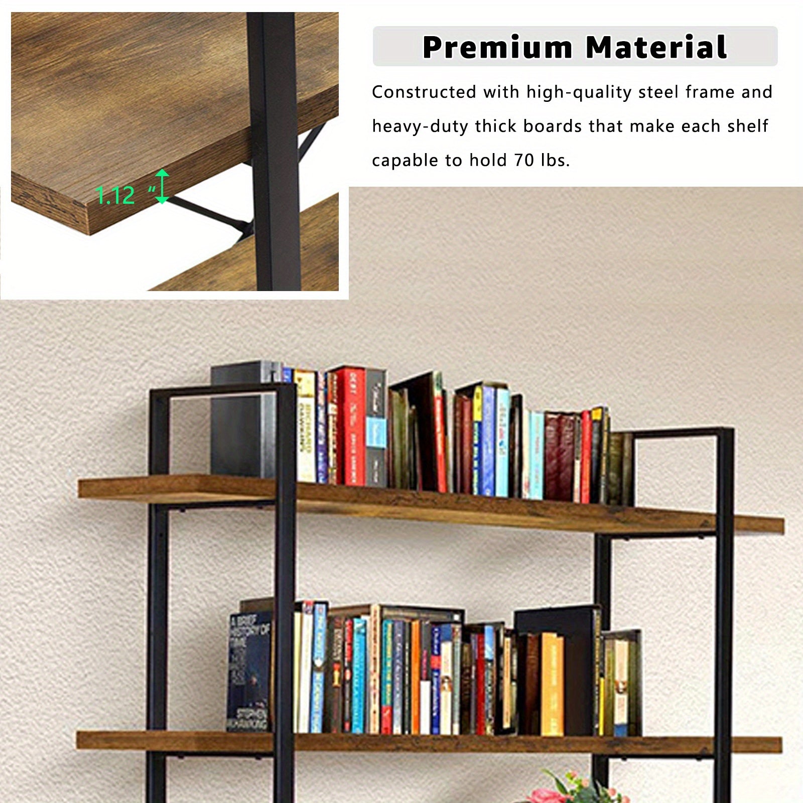 5 Tier Bookshelf, 2 Mounting Approaches, Industrial Etagere Bookcase with Metal Frame, Rustic Tall Book Shelf Unit for Living Room, Study, Home Office (1, Rustic)