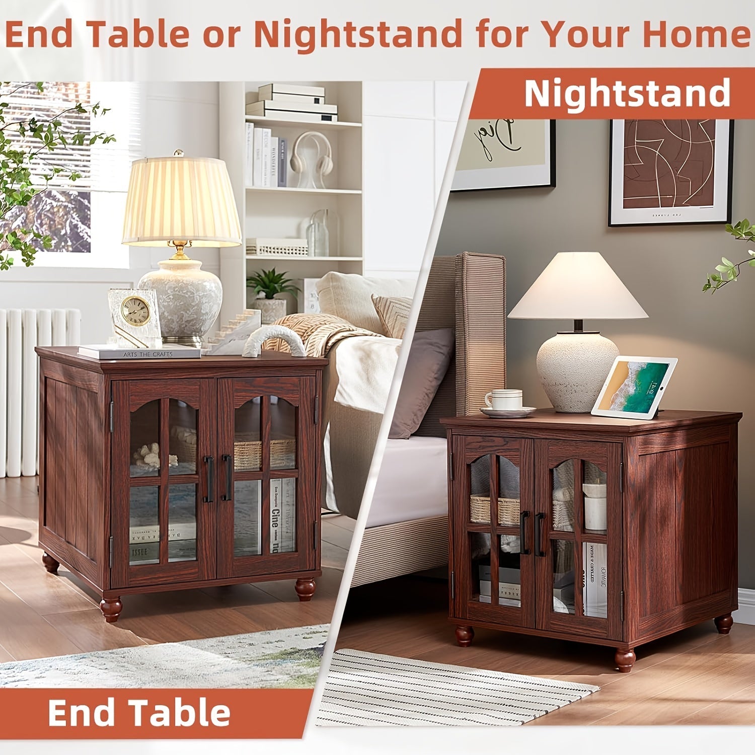 English Style Nightstand with Charging Station, Rustic Wooden End Table, Mixed Color Hardwood & Wood-Based Panel Construction, with Glass Barn Doors and Adjustable Shelf, for Living Room, Bedroom, Office