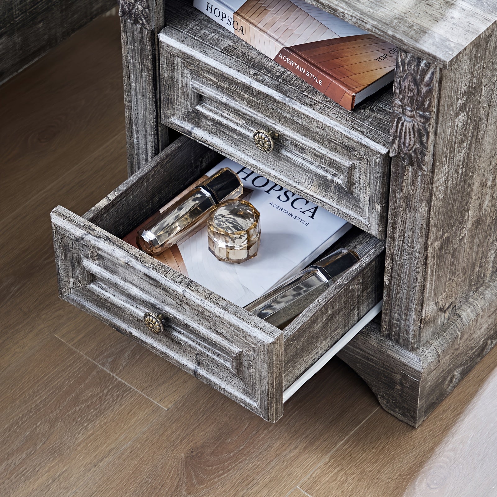 Charming Gray Vintage Farmhouse Nightstand - Multifunctional Bedside Table with Storage, Perfect for Bedroom & Living Room