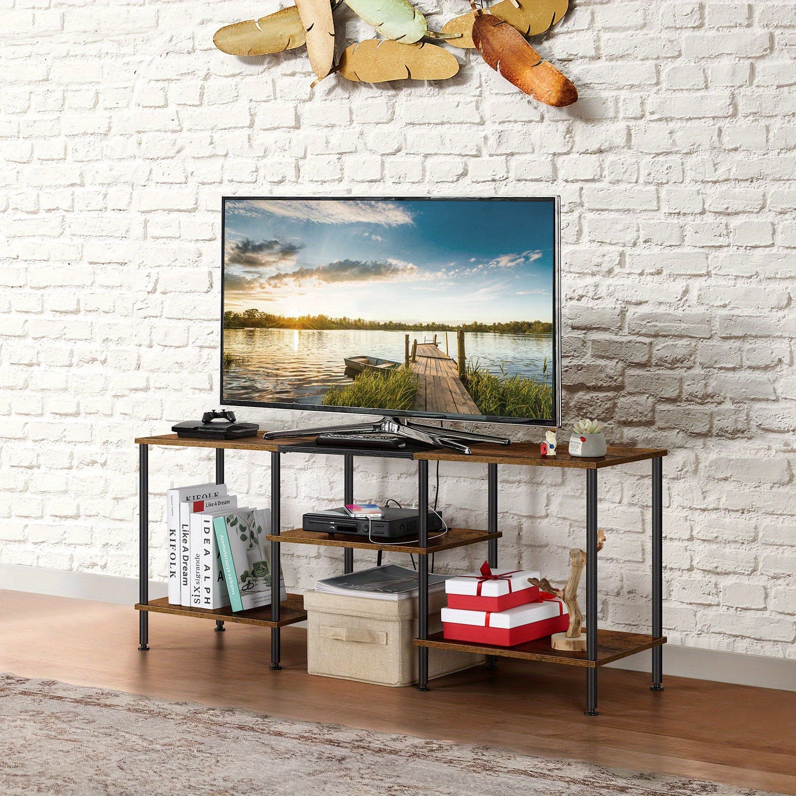 1pc Modern TV Stand for Up to 50-inch Screens - Metal and Hardwood Media Console with Storage, Power Outlets, and Adjustable Feet - MDF and Fiberboard Entertainment Center for Living Room or Bedroom