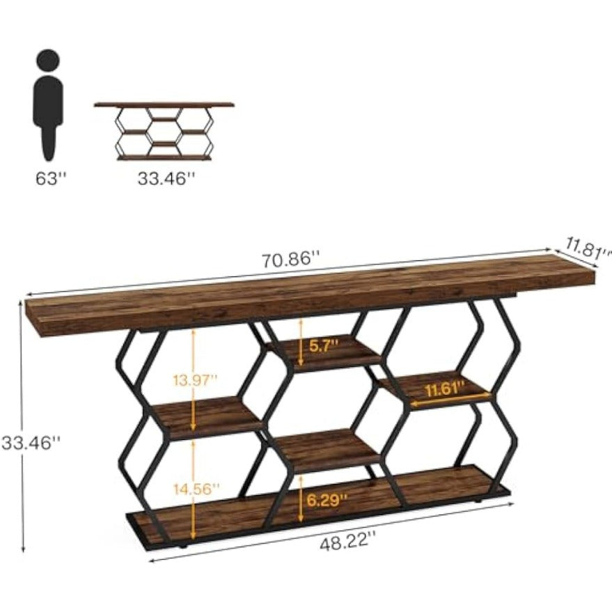 5-Tier Extra Long Console Table with Shelves, Narrow Sofa Table Behind Couch with Storage, Industrial Entryway Table TV Stand Accent Table for Living Room Hallway Foyer, Rustic Brown & Black (Converted to cm)