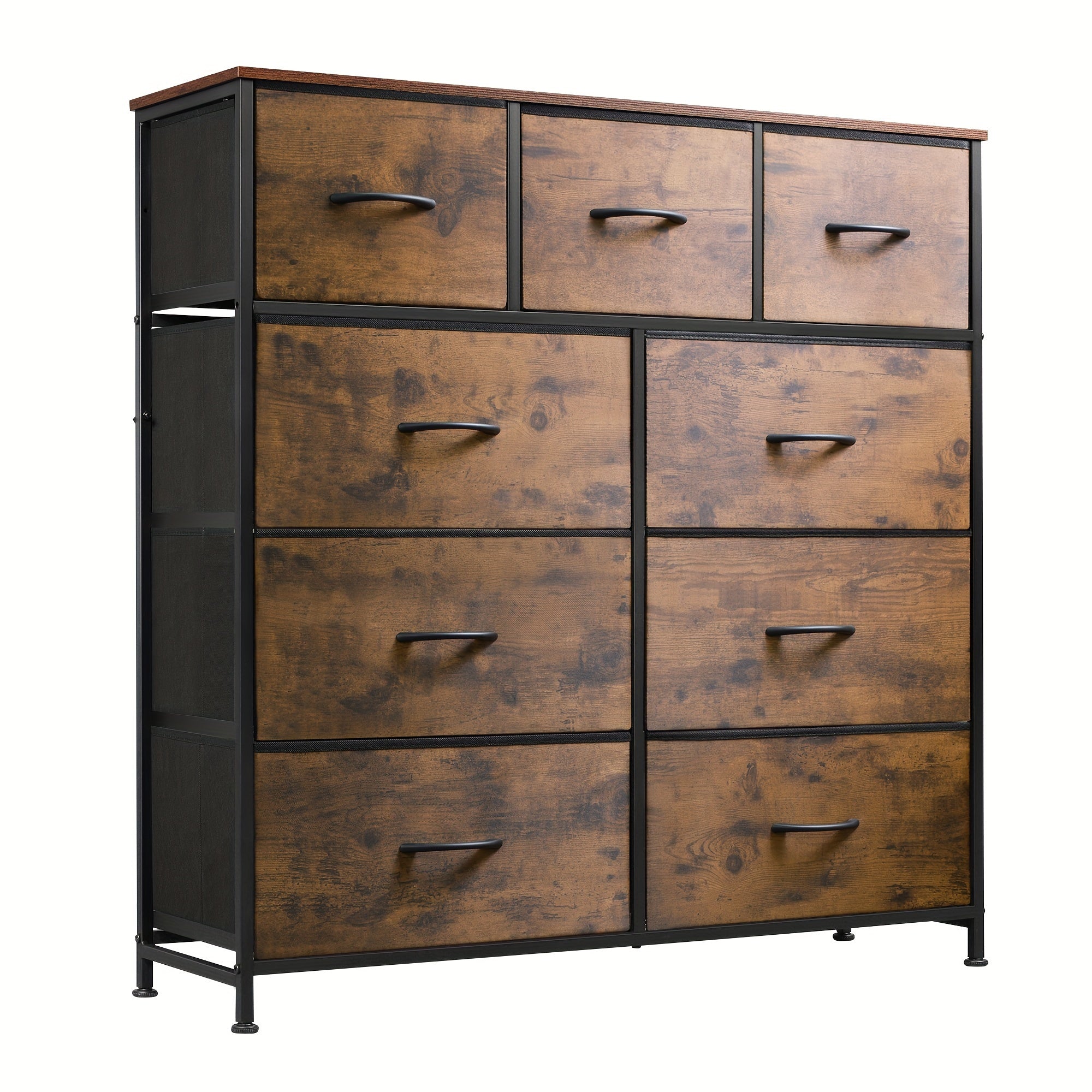 9 Drawer Dresser, Fabric Storage Tower for Bedroom, Hallway, Closet, Tall Chest Organizer Unit with Fabric Bins, Steel Frame, Wood Top, Easy Pull Handle, Rustic Brown Wood Grain Print