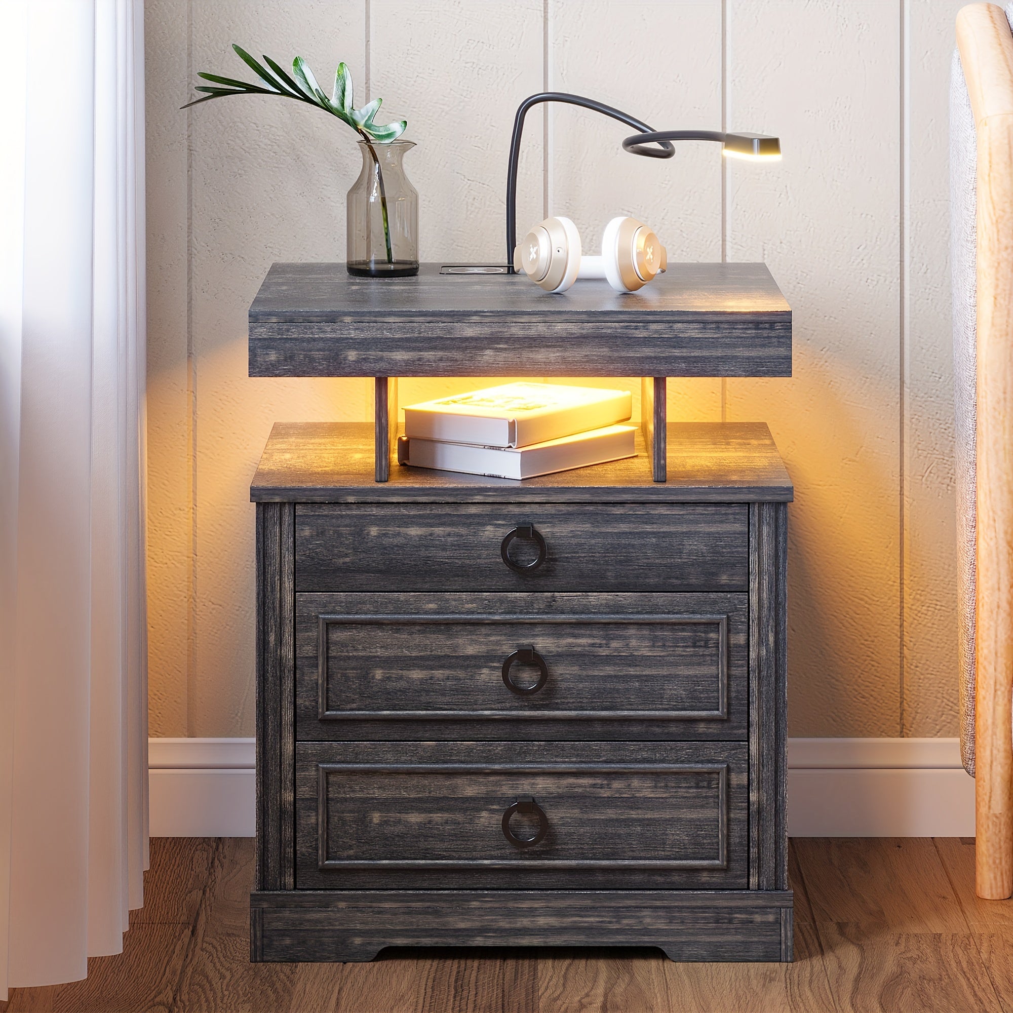 Side Table With Gun Case, Wireless Charging For Farmhouse Night Stand, Bedside Table With 2 Drawers, End Table With Bedside Lamp, Night Stand For Living Room&Bedroom