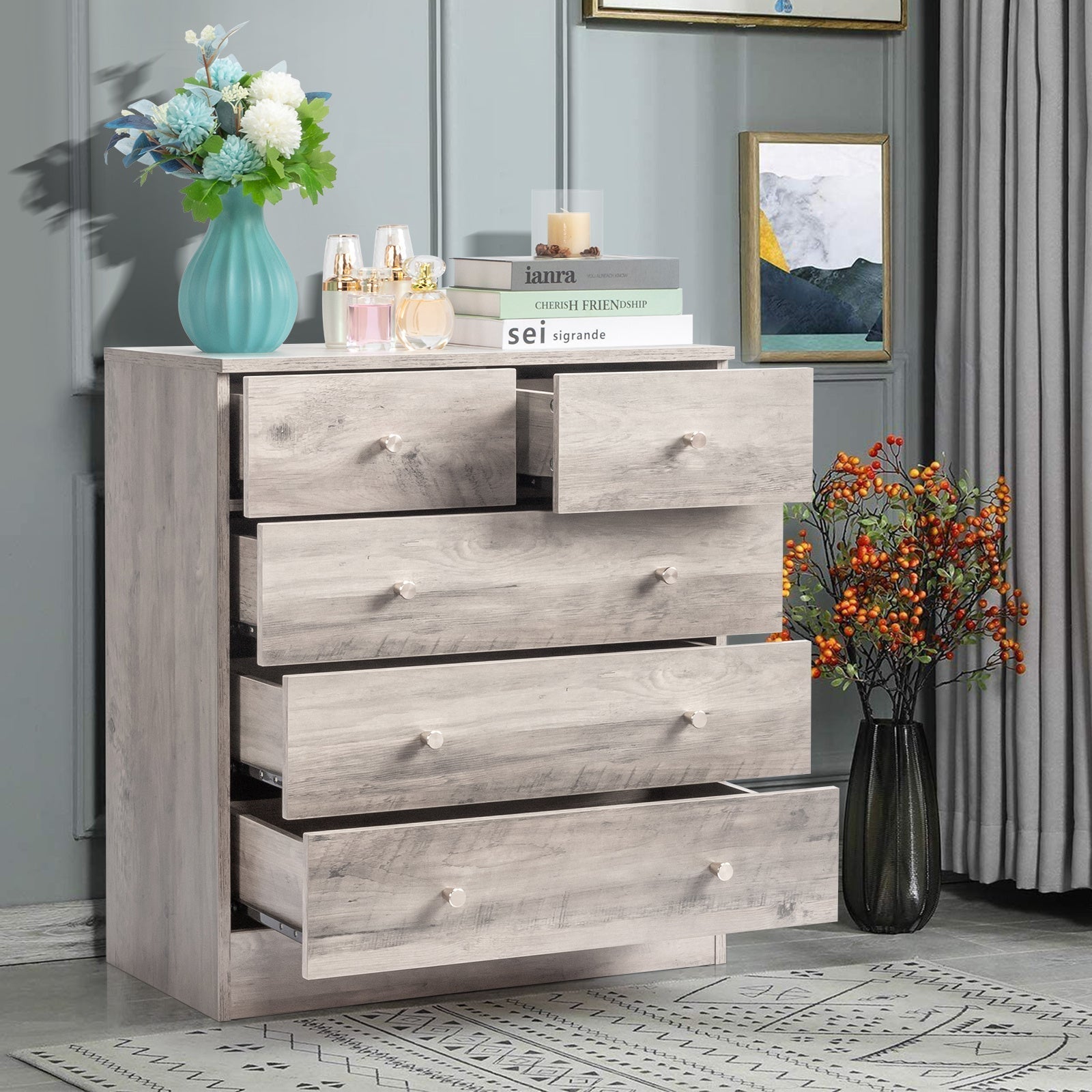 4/ 5/ 6 Drawer Dresser, Dresser Chest of Drawers for Bedroom, Wood Dresser with 2 Different-Sized Drawers, Rustic Grey Dresser for Living Room, Hallway, Home Office