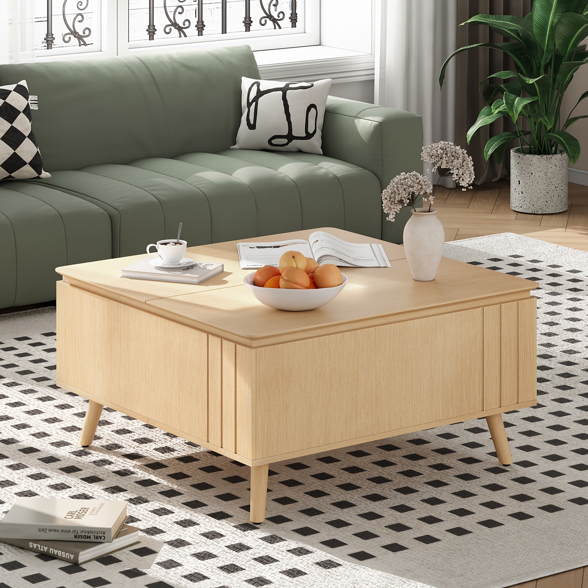 Contemporary Oak Finish Wood Coffee Table with Storage Lift-Top by Homary - Engineered Wood Construction, Hidden Compartments and Shelves