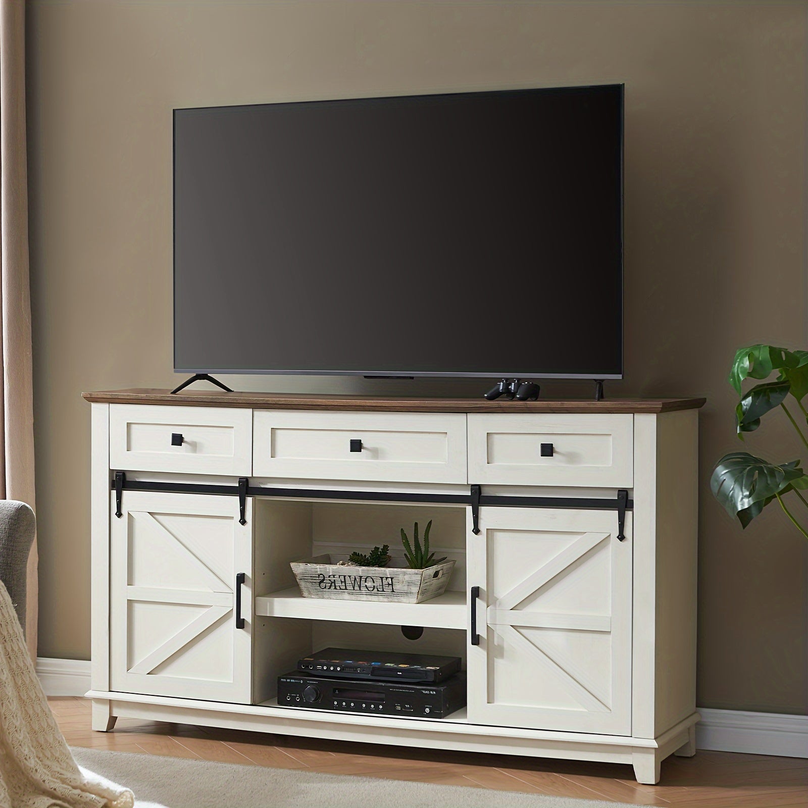 Farmhouse TV Stand for Televisions up to 165cm, Entertainment Center with Sliding Barn Doors and Storage Drawers, Living Room Furniture with Cabinets