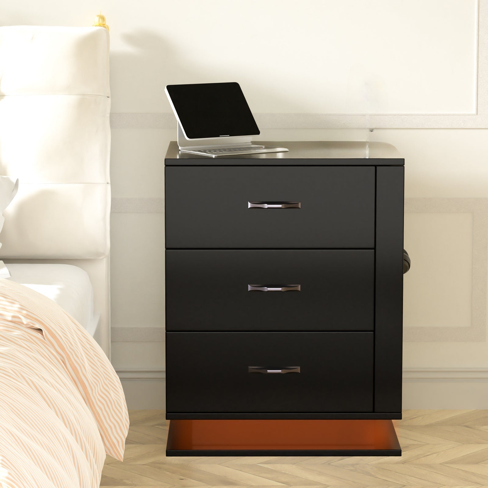 Black Density Board Spray Paint Left Side Perforated Board 18.9*14.96*24.13inch Three Drawers Bedside Table