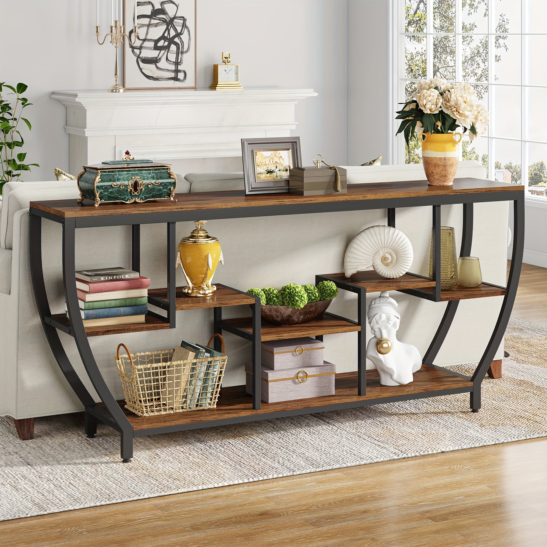 Rustic 180 cm Sofa Table with Shelves, Industrial Console Table with Storage, Entryway Table TV Stand, Accent Tables for Behind Couch, Living Room, Hallway, Foyer, Utility Racks