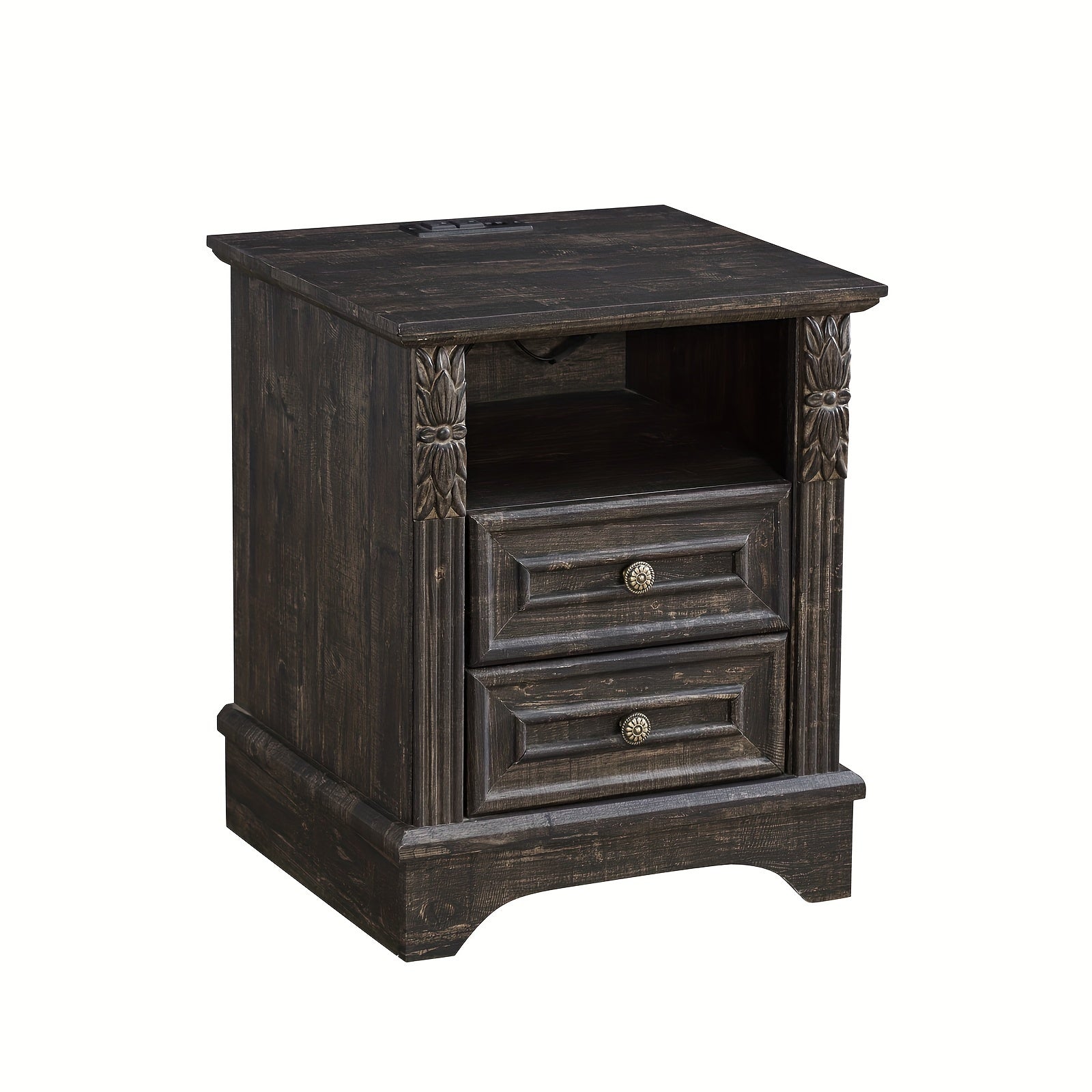 Farmhouse Style Wooden Nightstand, Dark Brown, Hardwood & Engineered Wood, High Density Fiberboard, Space-Saving, Independent, ≥3.2 Cubic Feet Storage, <27" Height, with Closed Storage for Bedroom End Table, Living Room Sof