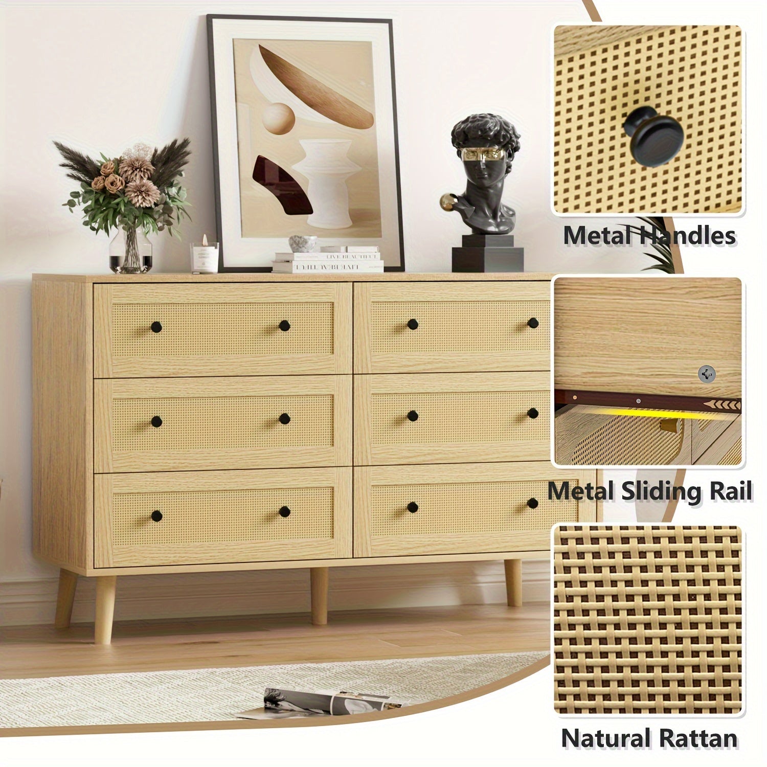 Rattan Dresser For Bedroom, 6 Drawer Double Dresser With Handles, Boho Chest Of Drawers With Deep Drawers For Living Room, Bedroom, Hallway