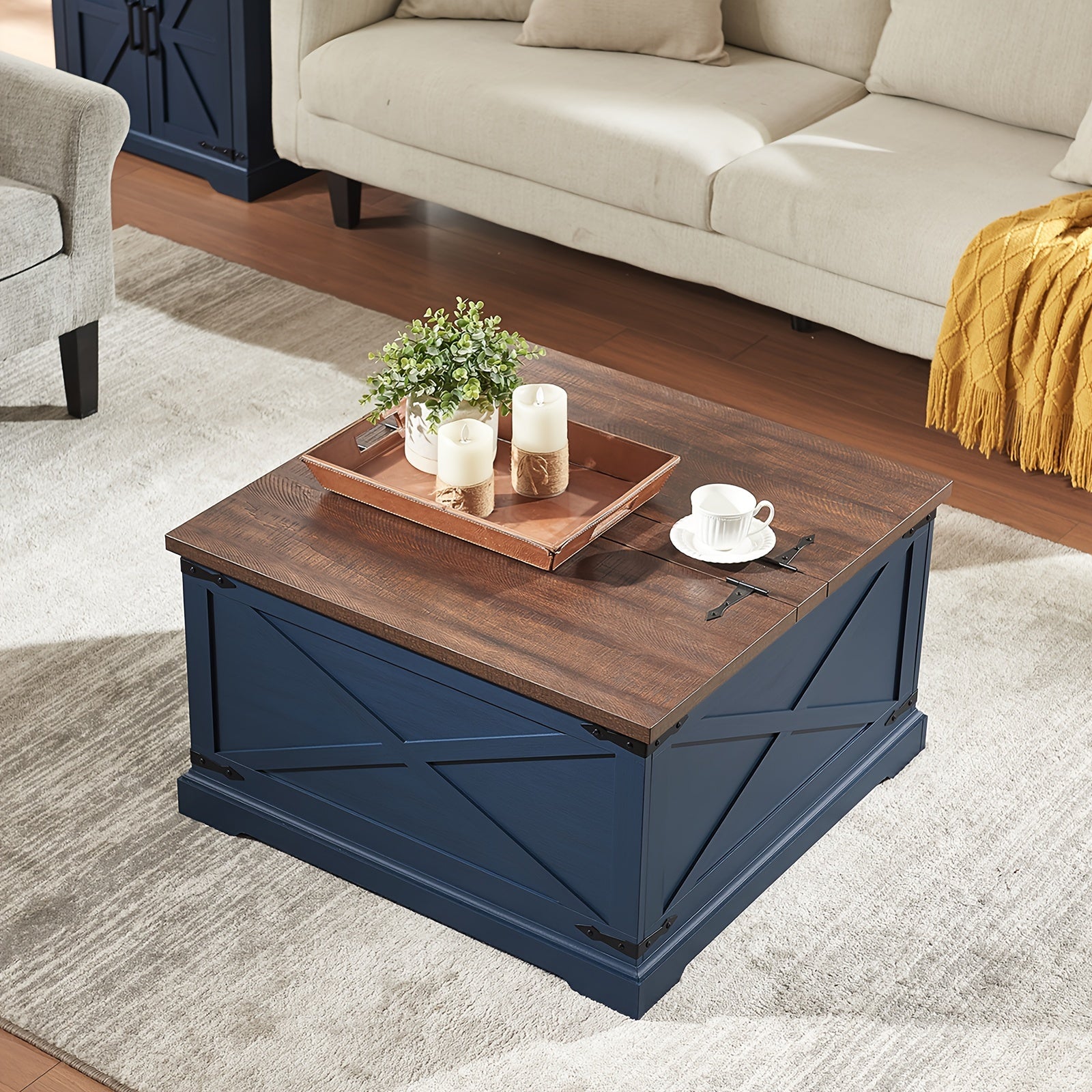 Rustic Farmhouse Square Coffee Table With Lift-Top & Hidden Storage, Wood Center Table With Large Hidden Storage Compartment For Living Room Or Bedroom