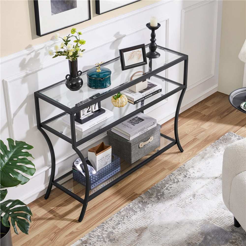 107 cm 3-Tier Tempered Glass Console Table, Modern Glass Sofa Table, Entryway Table with Lower Shelf, Black