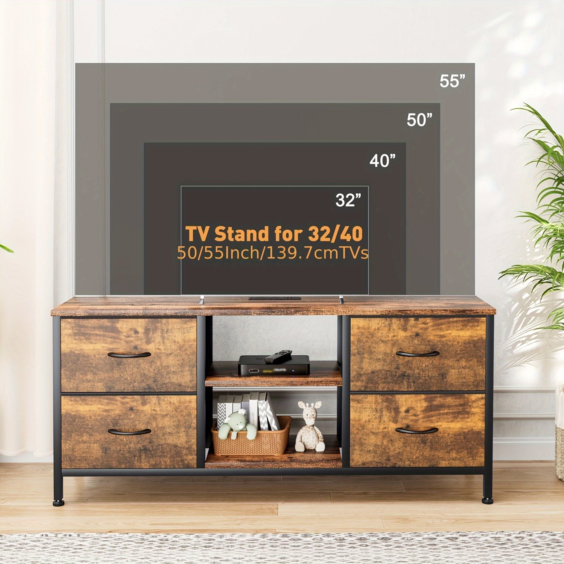 1pc Dresser for Bedroom with 4 Drawers, Entertainment Center Dresser TV Stand for 55'' Long TV & Chests of Drawers Dresser Organizer, Bedroom Dresser with Thickened Metal Frame for Closet, Hallway, Home Organizer, Entryway