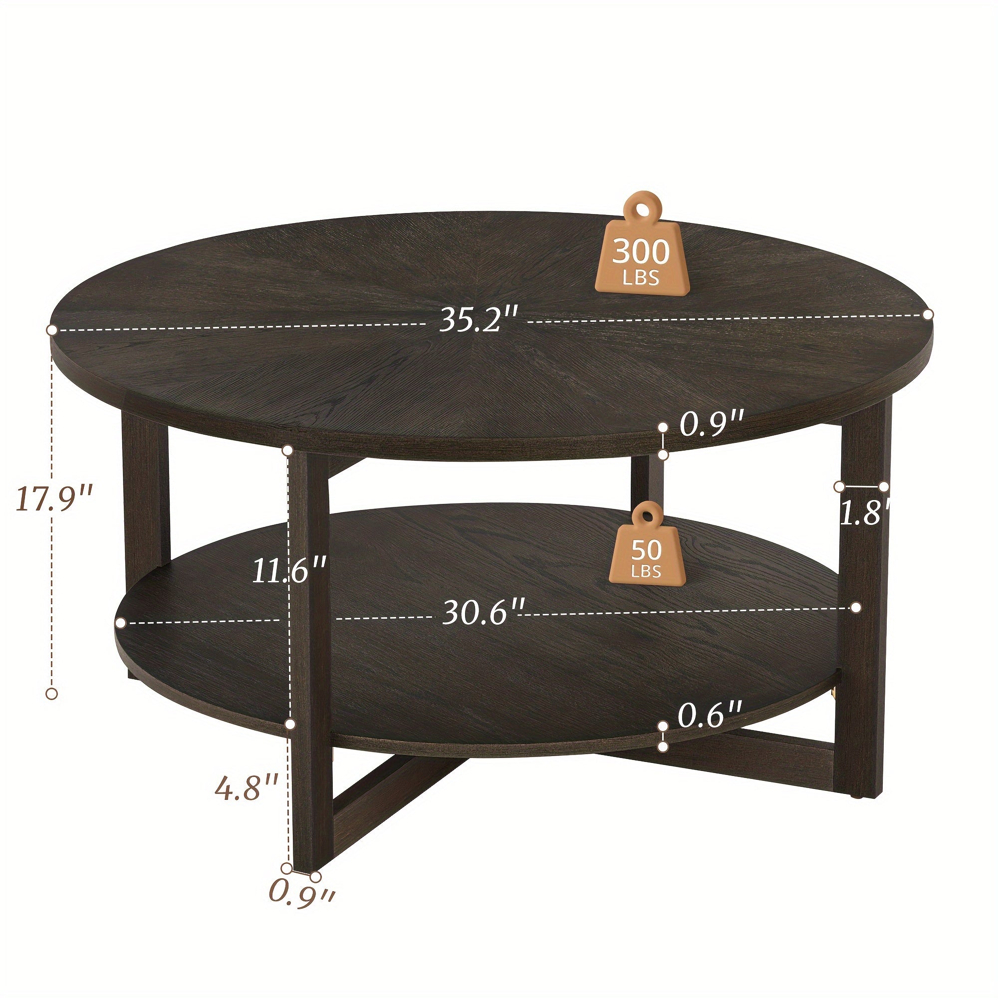 Round Coffee Table, Cocktail Table For Living Room, 35" Rustic Modern Circle Coffee Tables With 2-Tier Storage Shelf, Sofa Table,