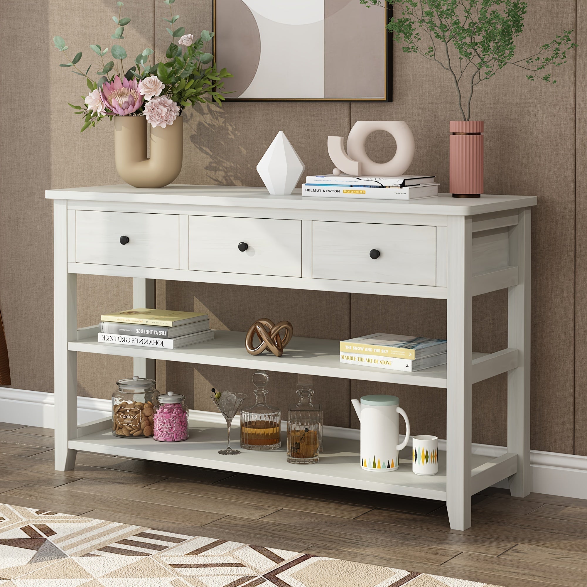 Console Table with Wood Frame and Legs, Sofa Table Entryway Table with 3 Drawers and 2 Open Shelves in Antique White (Measurements in cm)