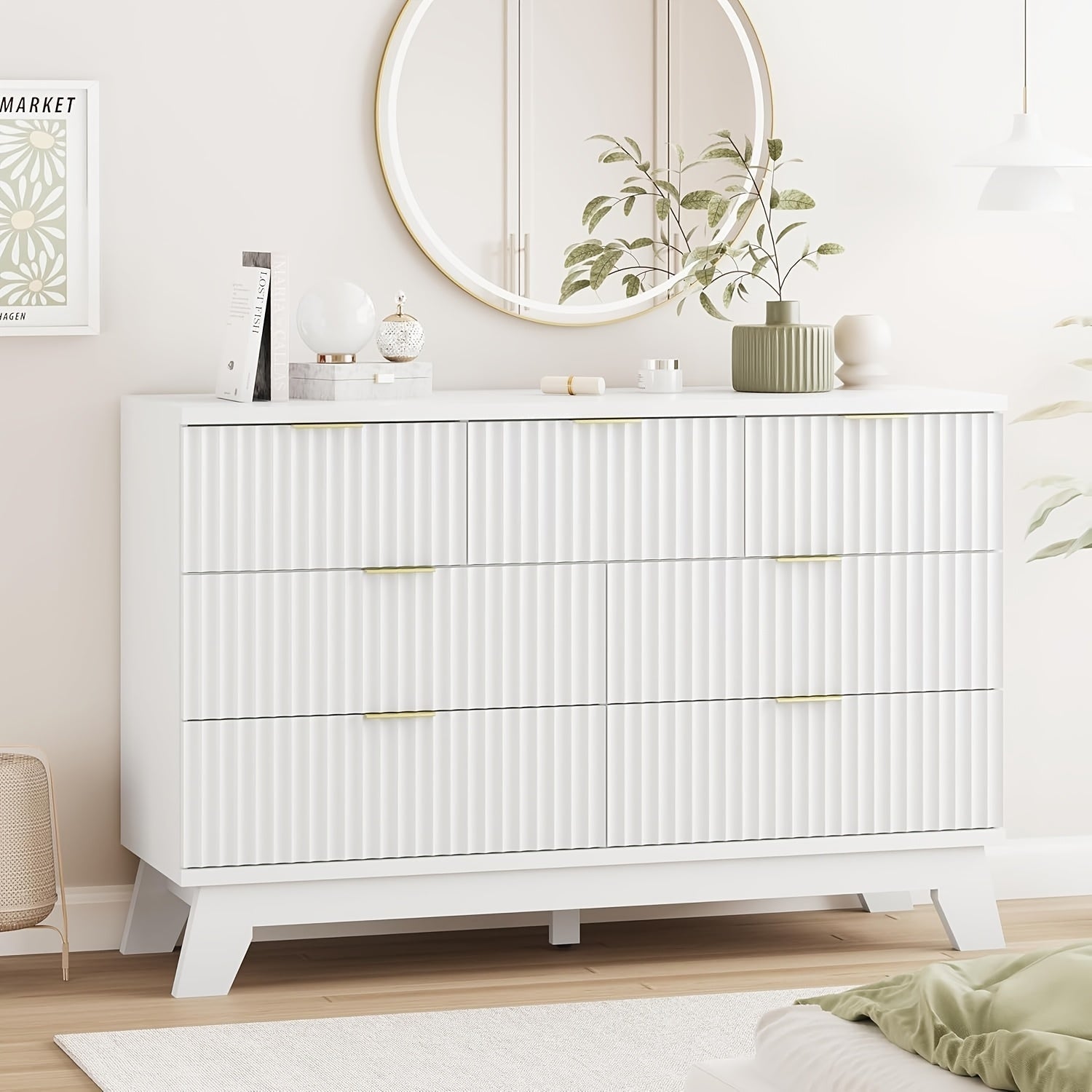 Elegant 7-Drawer Fluted Dresser in Pure White - Modern Bedroom Storage with Golden Metal Handles, Sturdy Hardwood Construction, Easy Assembly, Perfect for Bedroom & Living Room Decor