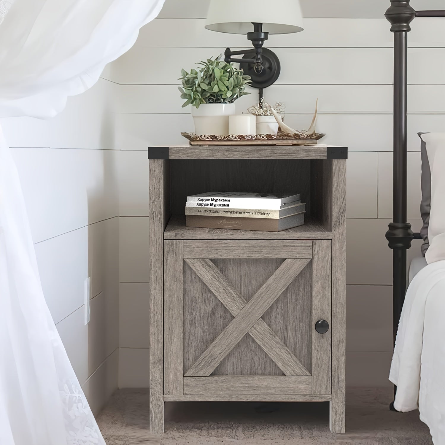 Night Stand, Wooden End Table with X Barn Door and Open Shelf, Bedside Table, Industrial Side Table for Bedroom, Living Room, Office