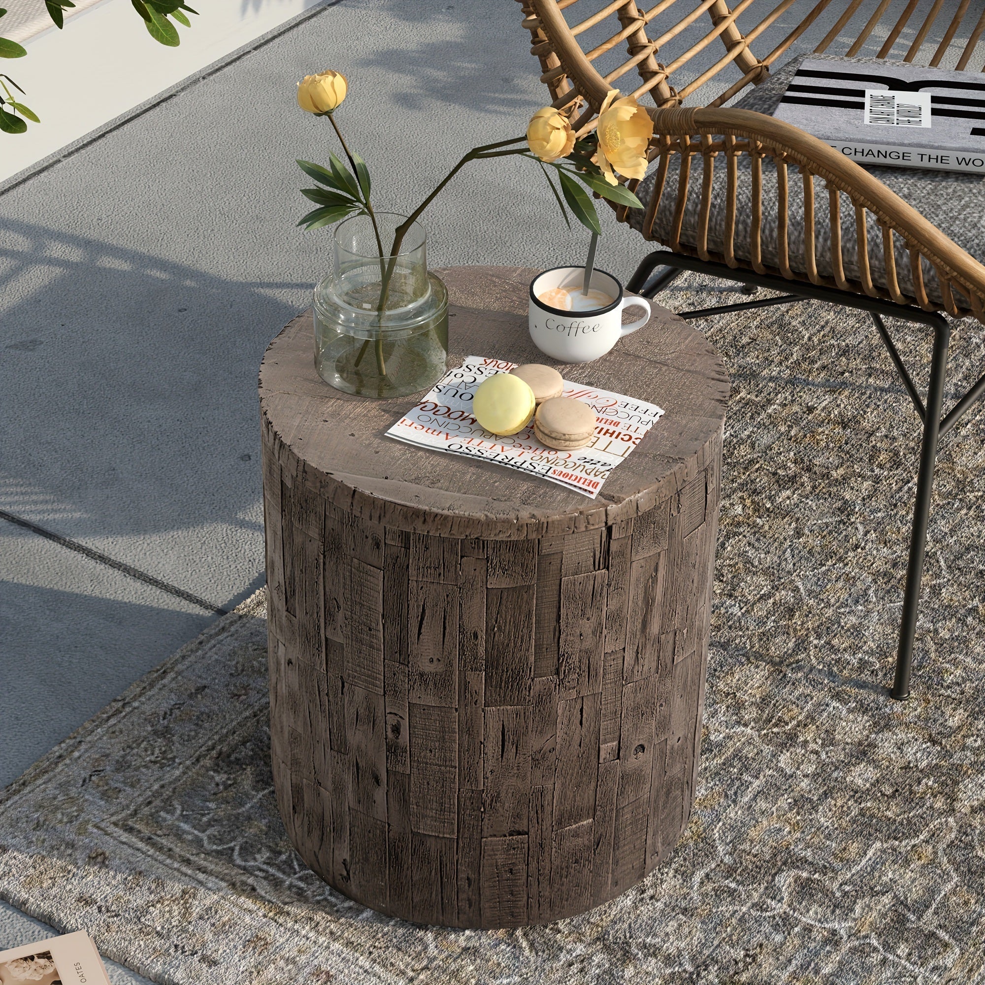 38cm Outdoor Side Table For Patio, Concrete Side Table Tree Stump Side Table, Garden Stool Side Table, Patio Side Table, Outdoor Accent Table, Light Brown Outdoor End Table Stump Coffee Table, Christmas Holiday Decorations Sid