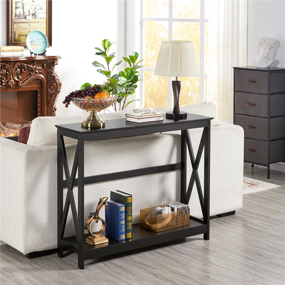 Narrow Wood Entryway Table 2 Tier Console Table for Entryway X-Design Bookshelf Accent Table with Storage Shelf for Living Room Entry Hall Foyer (Dimensions in cm)