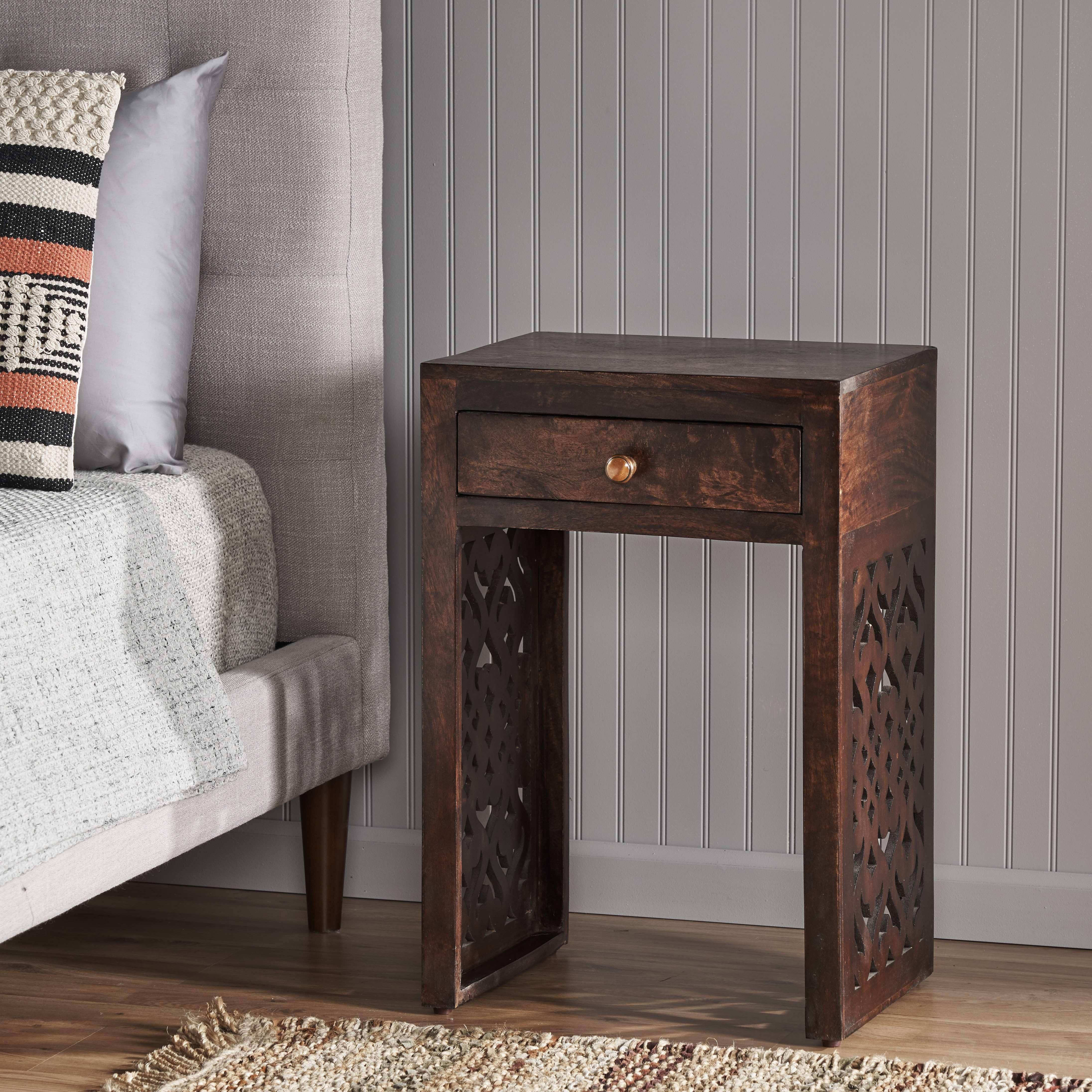 Elegant Antique End Table with Drawer - Handcrafted Mid-Century Design in Rich Brown, Space-Saving Hardwood Nightstand with Decorative Cut-Out Panels for Bedroom & Living Room Elegance, Table Decor