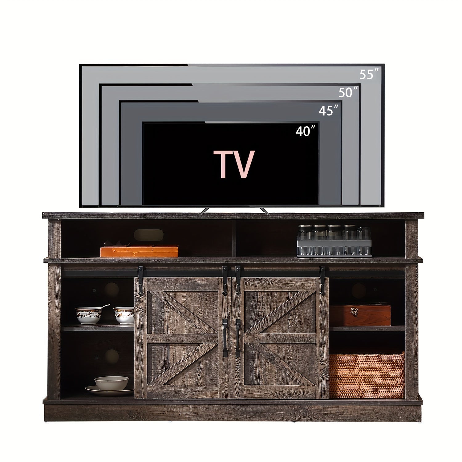 Dark Rustic Oak Wooden TV Stand with Sliding Doors, Open Storage Entertainment Center Console for Living Room and Bedroom, Tv Stands for Living Room