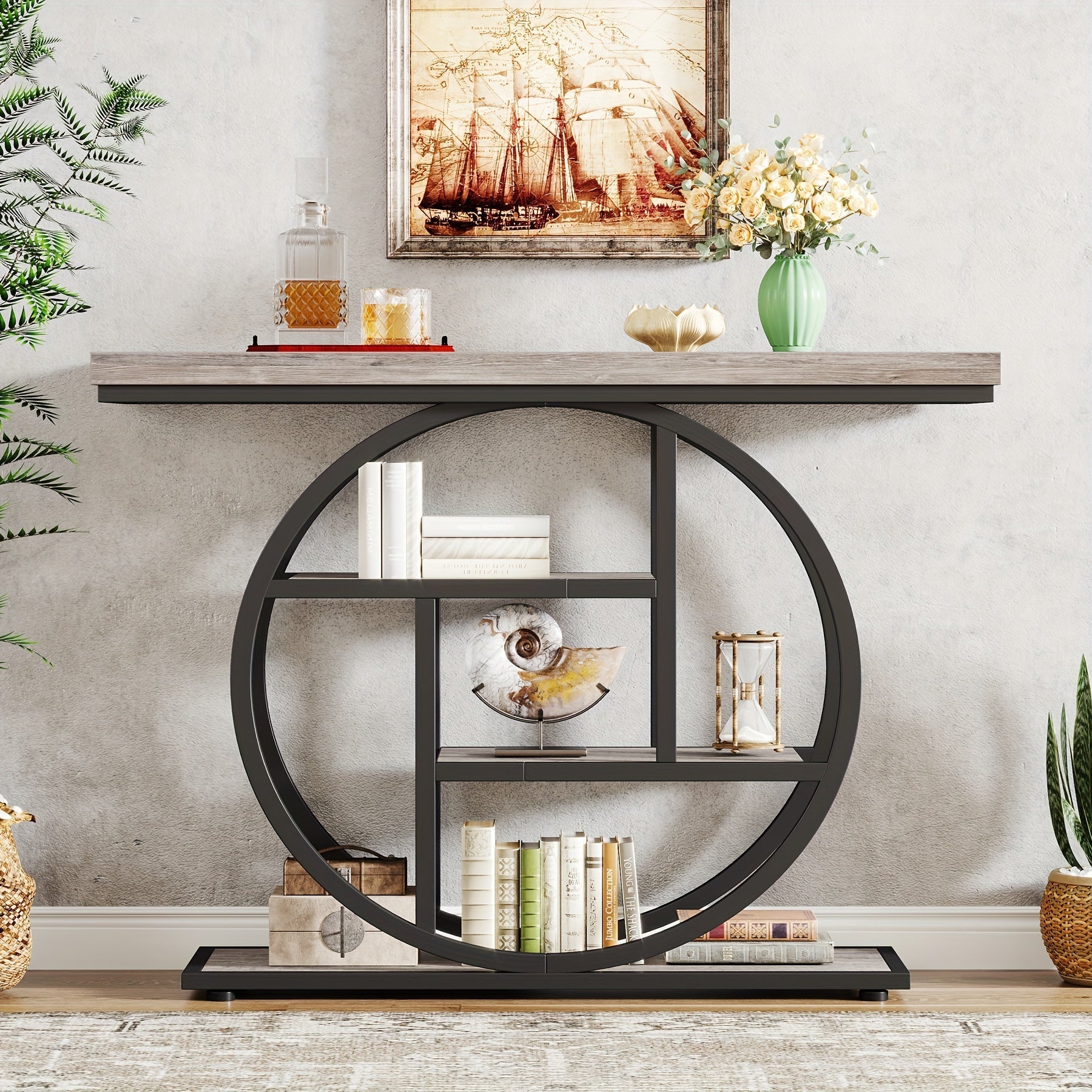 105 cm Console Table, Industrial 4-Tier Sofa Table for Living Room, Wood Entryway Hallway Foyer Table with Black Metal Circle Base, Narrow Gray Accent Table with Storage Shelves