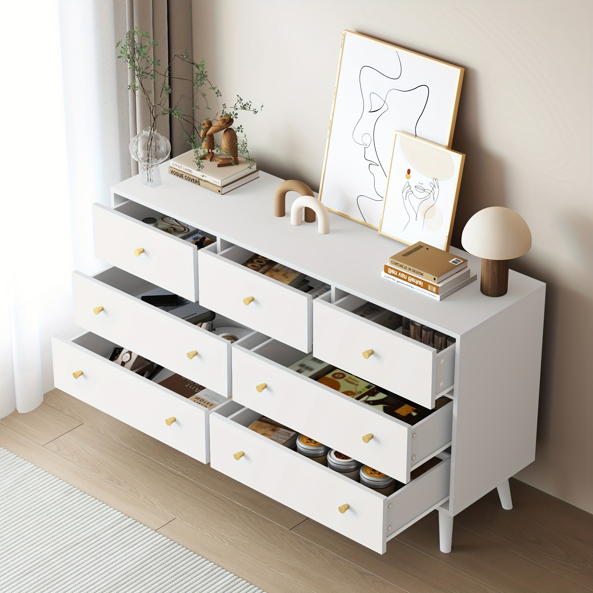 Dresser With 7 Drawers, Dresser For Bedroom, Modern Double Dresser With Wide Drawer And Metal Handles, Wood Dressers & Chests Of Drawers