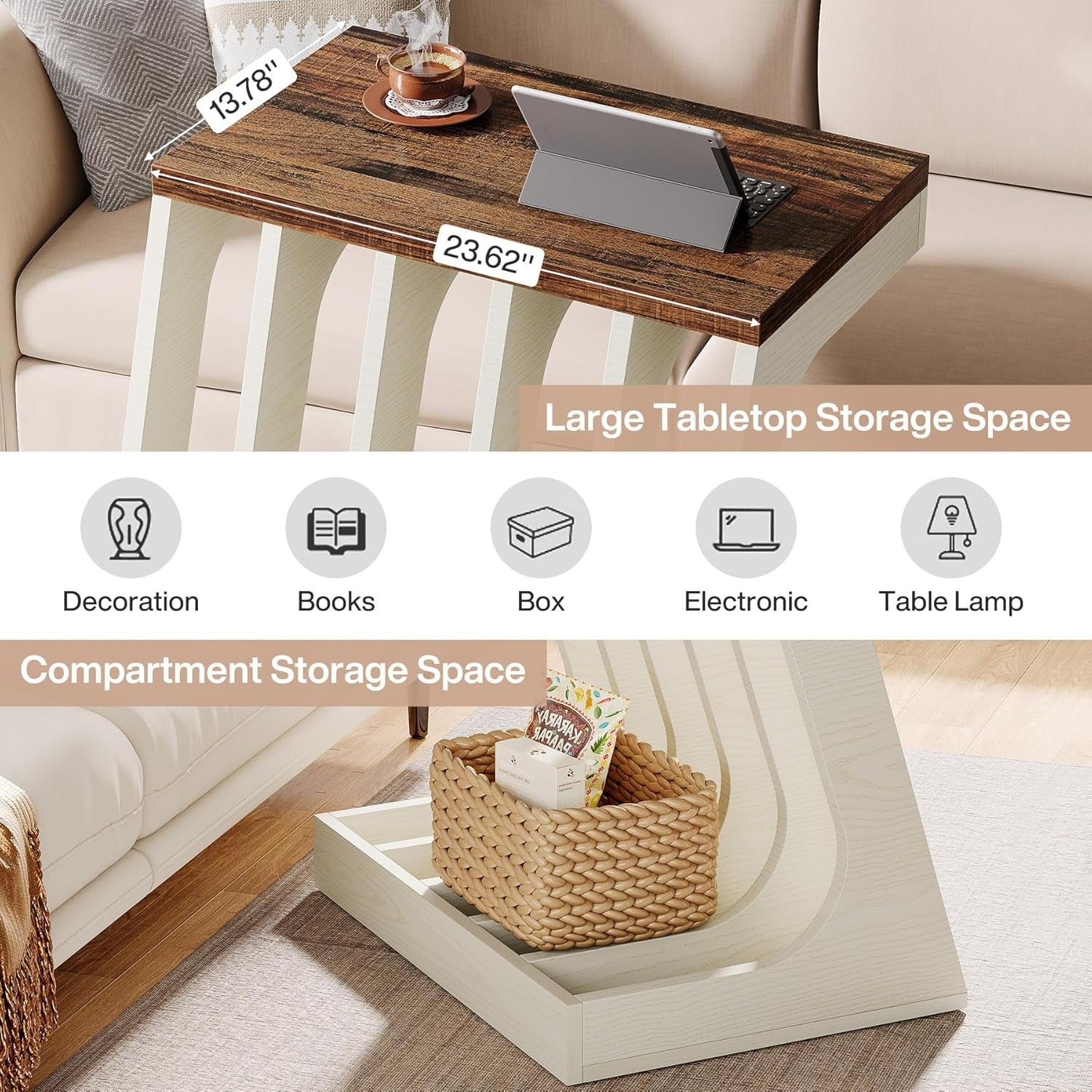 1pc Modern Wooden End Table with 5 Storage Compartments, Easy Assembly, Rustic Brown & White Wood Grain, Large Side Table for Living Room or Bedroom - 23.62"W x 13.77"D