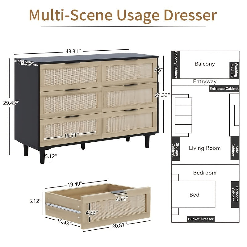 Rattan Dresser For Bedroom, 6 Drawer Wide Dresser, Boho&Farmhouse Chest Of Drawers, Clothes Storage Cabinet, Metal Handle&Wood Legs For Hallway, Living Room, Bedroom