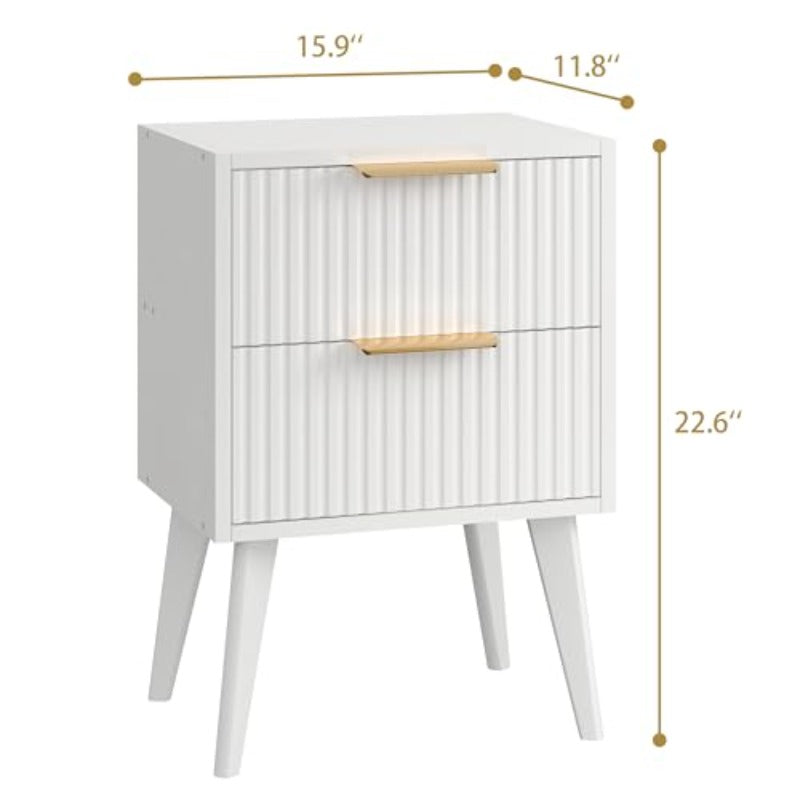 Fluted Nightstand 2 Drawers Modern Bedside Table Metal Handles White Side Table Solid Wood Legs Mid Century End Table Living Room Bedroom Natural