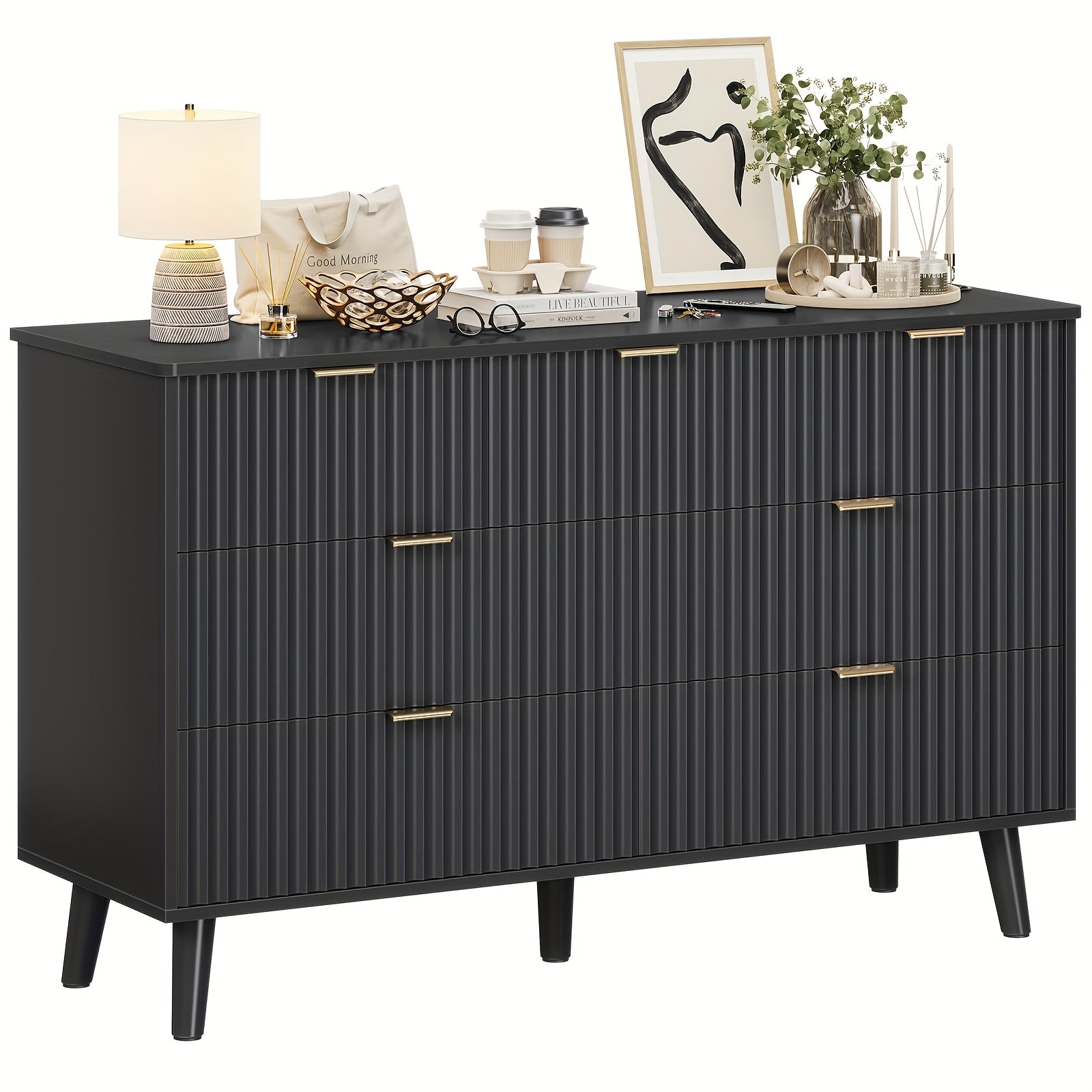 Dresser For Bedroom With Fluted Panel Design, 47.2'' Wide Mid Century Modern Fluted Dresser, 7 Drawers Chest Of Drawers With Golden Metal Handles, Black Organizer Storage Cabinet For Closet, Entryway