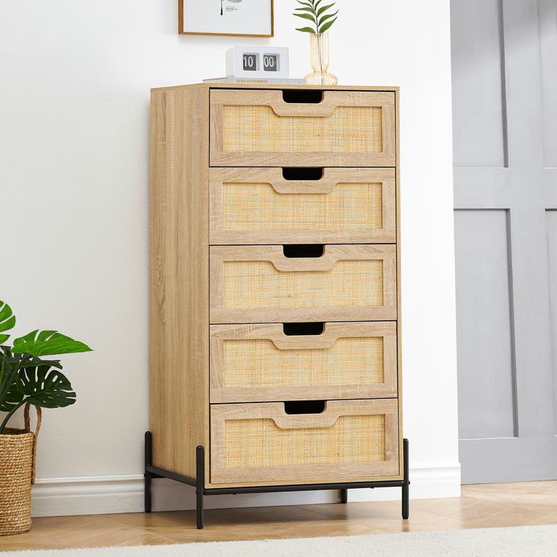 5 Drawers Dresser for Bedroom, Natural Rattan Drawer with Spacious Storage, Wood Chest of Drawers with Metal Legs for Bedroom, Living Room, Hallway, Entryway, Closet