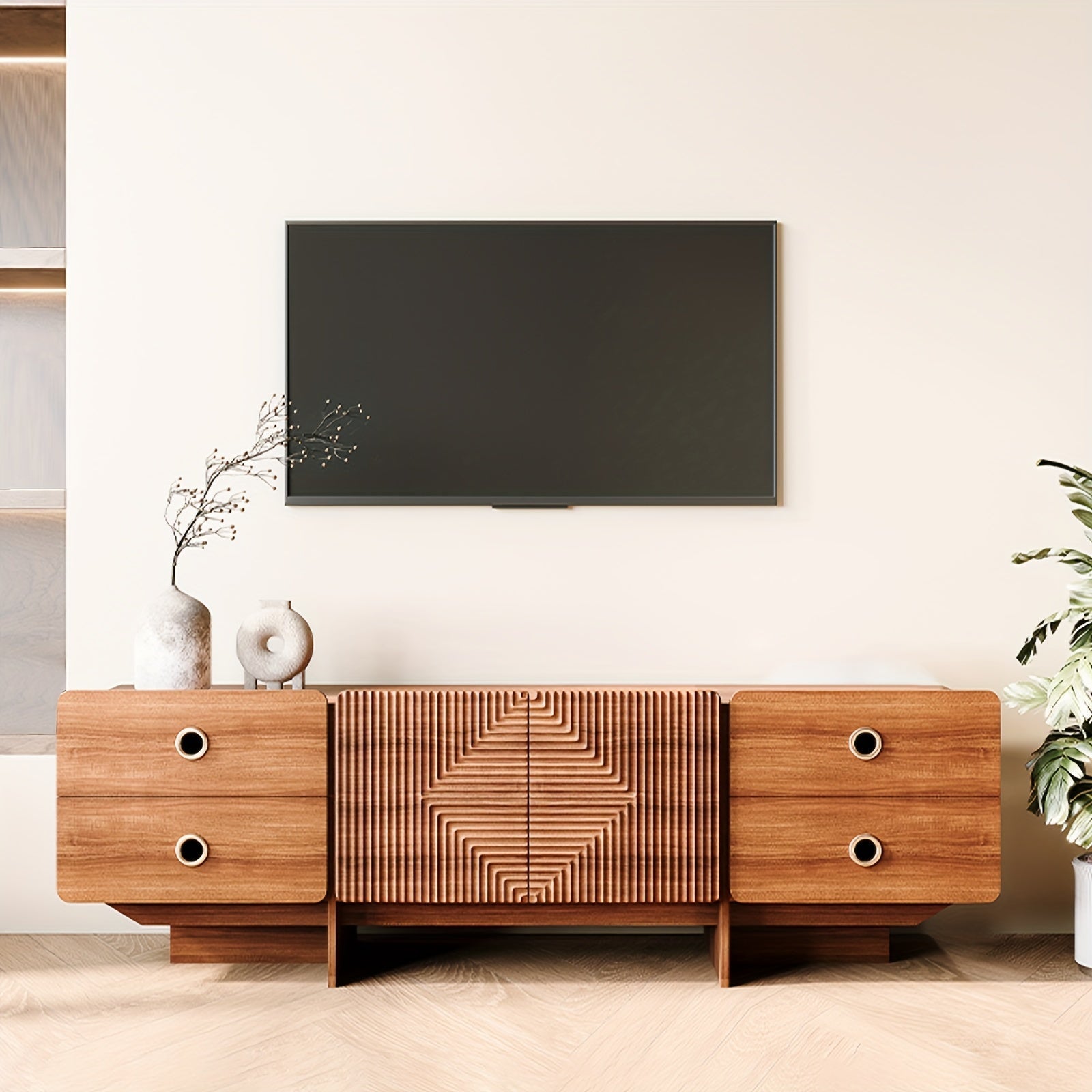 Mid Century Modern TV Stand With Storage Cabinet, Entertainment Center For 75 Inch TV With 4 Drawers, Large Boho Media Television Stand, Modern TV Console Table With Doors For Living Room, Bedroom