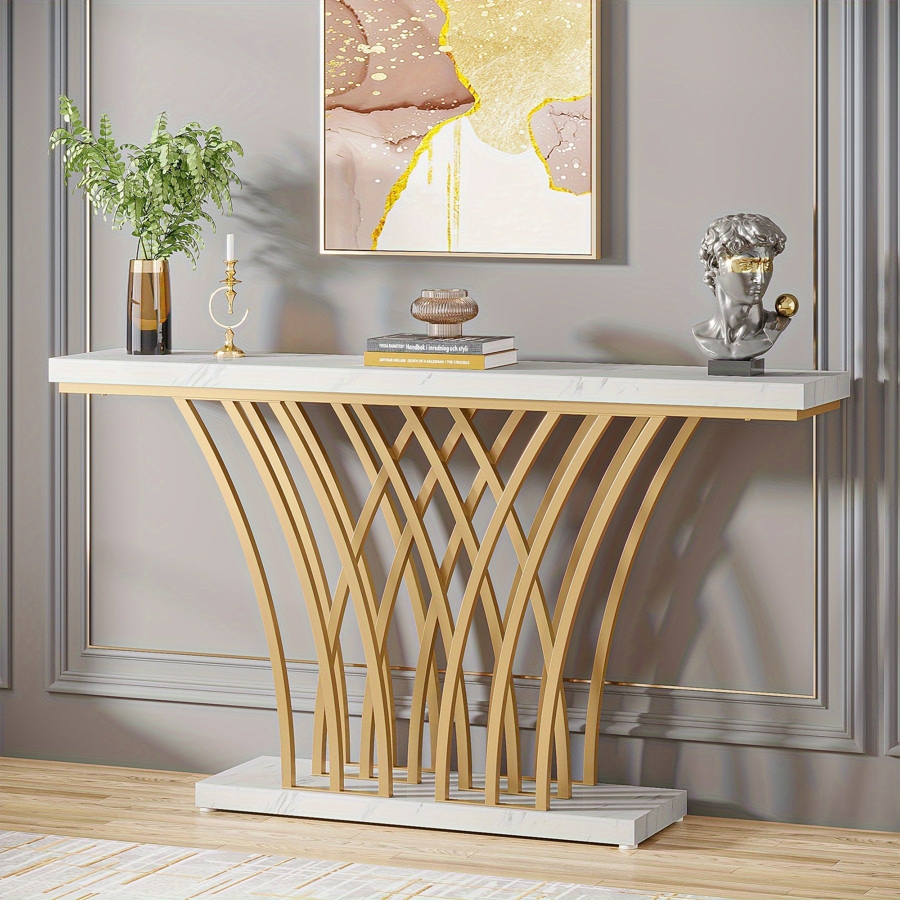 150 cm Golden Console Table, Modern Entryway Table with Grid-Shaped Metal Base for Entrance, Hallway, Entryway, Living Room