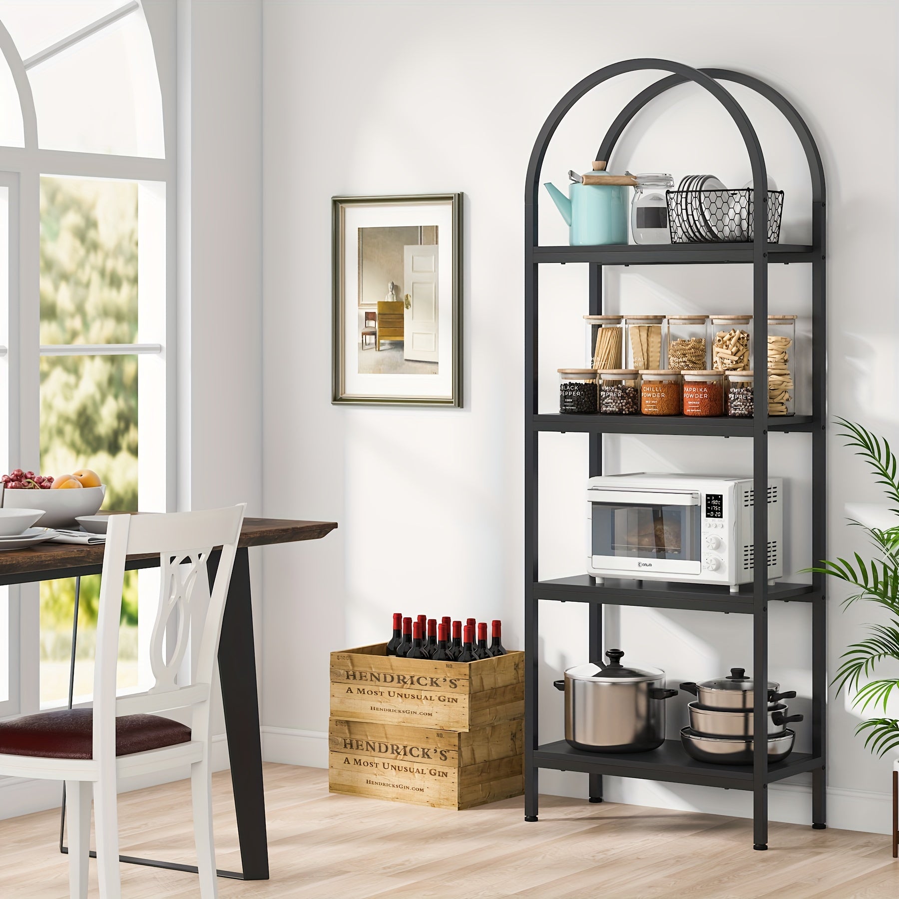 Industrial Arched 4-Tier Bookshelf: This 180cm Standing Bookcase Features A Metal Frame And Storage Shelves. It Serves As Both A Farmhouse Storage Rack And Stylish Addition To Your Living Room Or Home Office