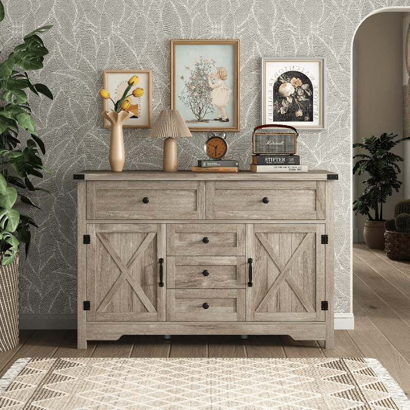 Solid Wood Farmhouse Dresser Chests for Bedroom with 5 Drawers & 2 Barn Doors, Tall Chest of Drawers, Rustic Dresser TV Stand, Dresser Organizer for Living Room, Kitchen