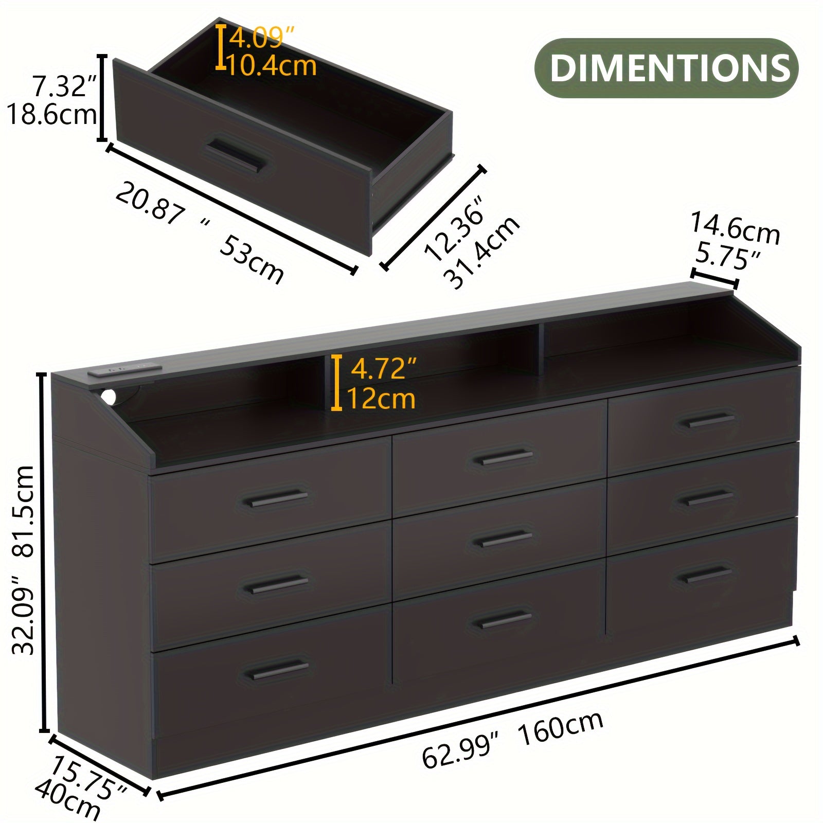 White/ Black Dresser For Bedroom, 9 Drawers Dresser With Power Outlet, Chest Of Drawers For Closet, Modern Dresser With Open Storage Cubby, Drawer Dresser Organizer For Bedroom, Living Room, Entryway, Hallway