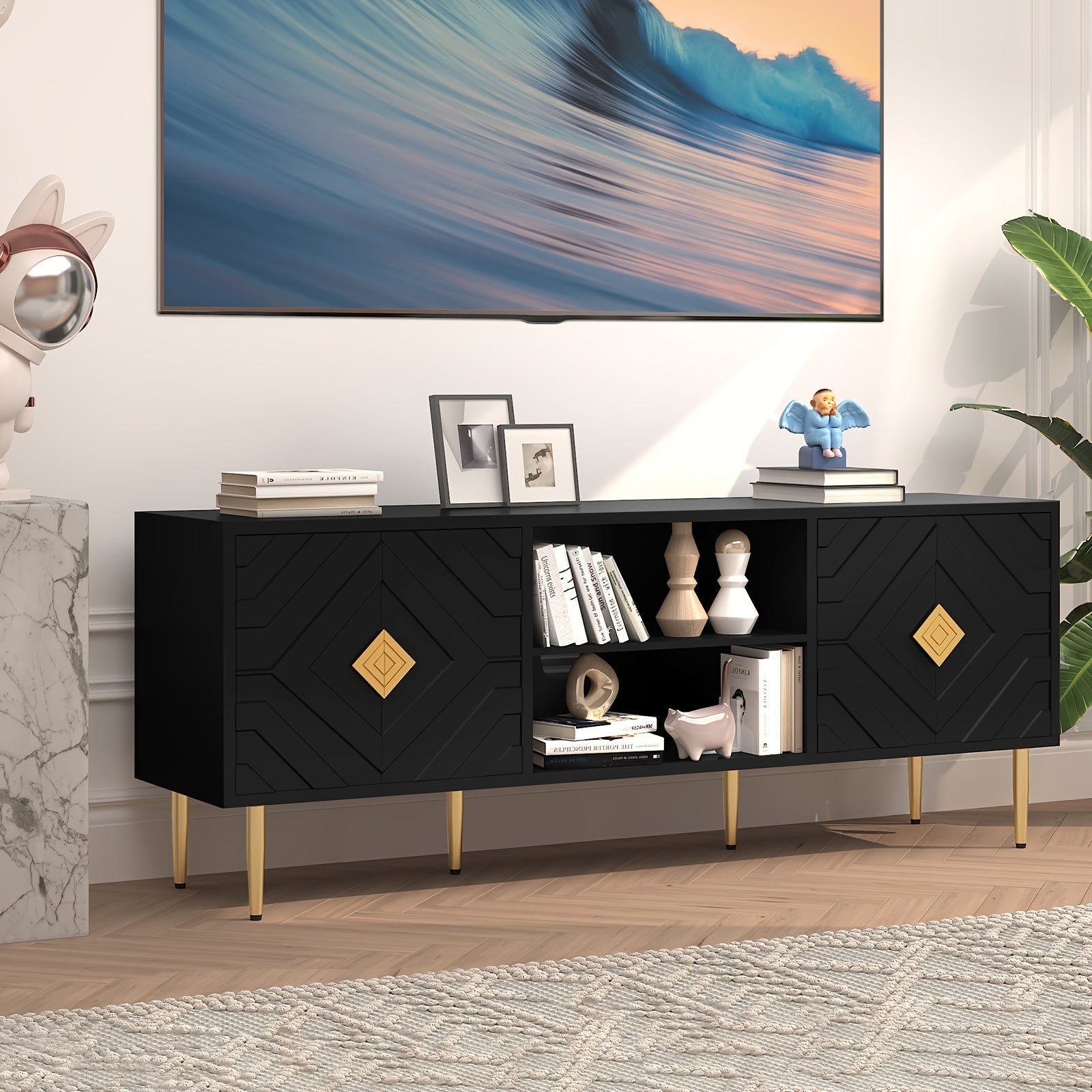 TV Stand For 65/70/75 Inch TV, Entertainment Center With Storage Cabinets And Embossed Pattern Doors, Mid Century Modern Media TV Console Table For Living Room Bedroom