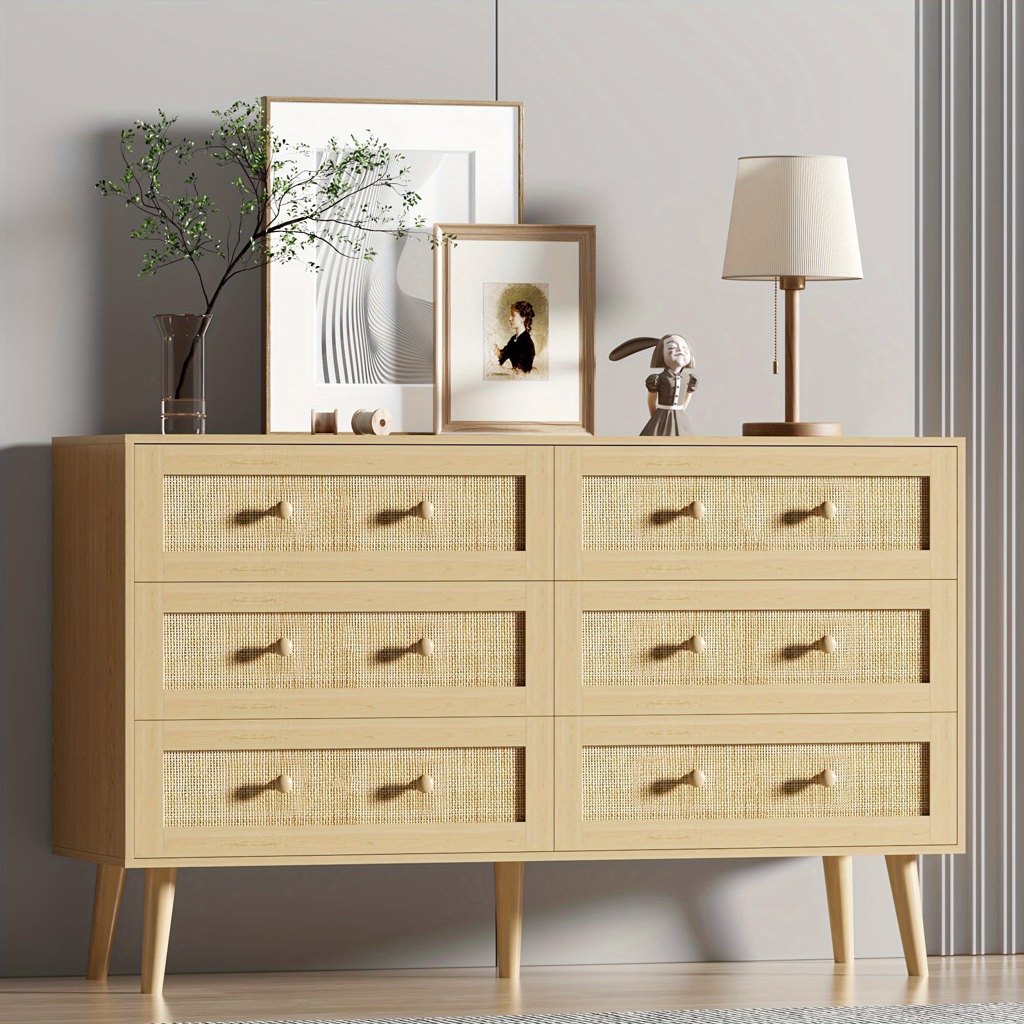 Chic Rustic 6-Drawer Dresser - Wide Wooden Double Chest with Rattan Accents, Versatile TV Stand & Clothes Organizer for Bedroom, Living Room, or Entryway