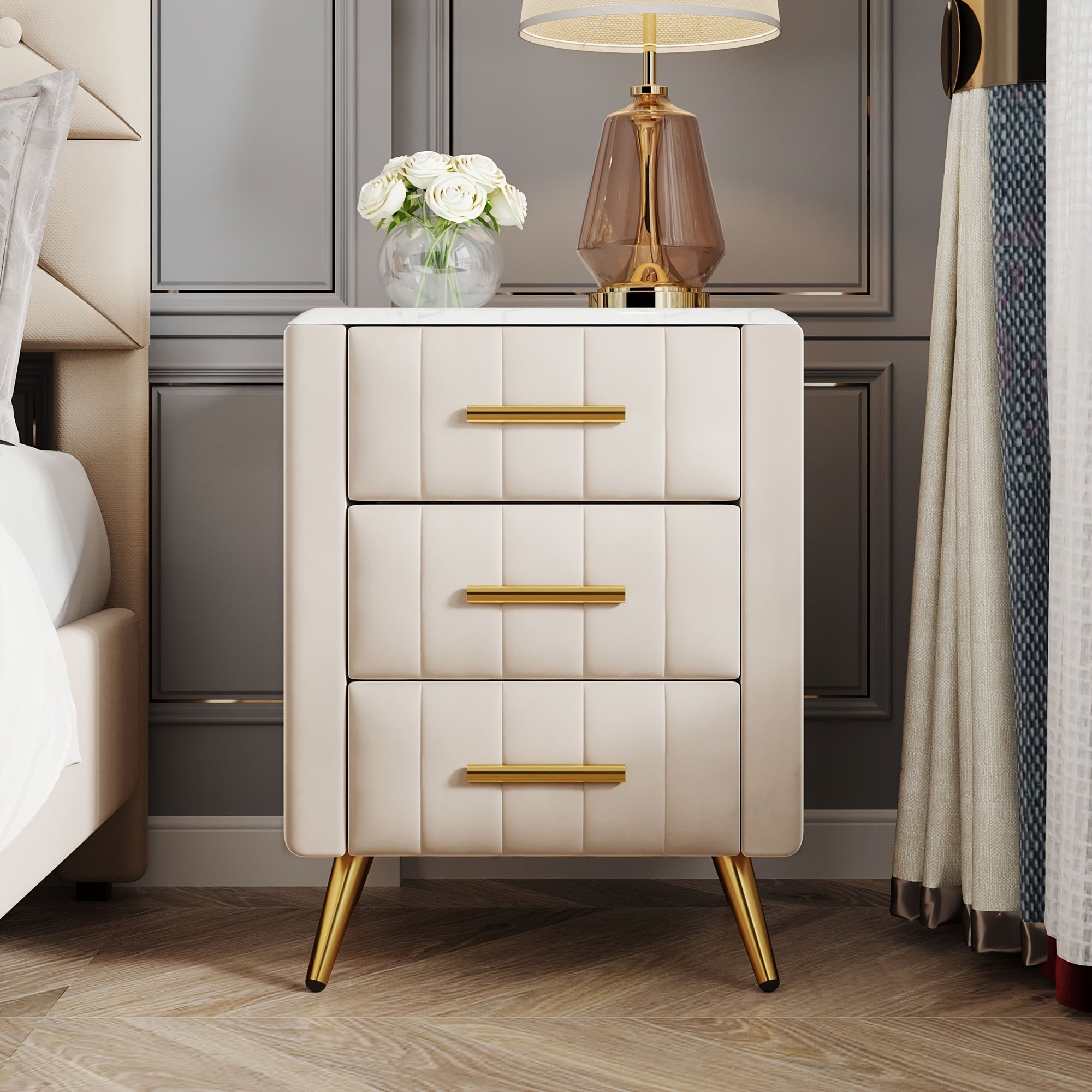 Upholstered Wooden Nightstand With 3 Drawers And Metal Legs&Handles, Bedside Table With Marbling Worktop