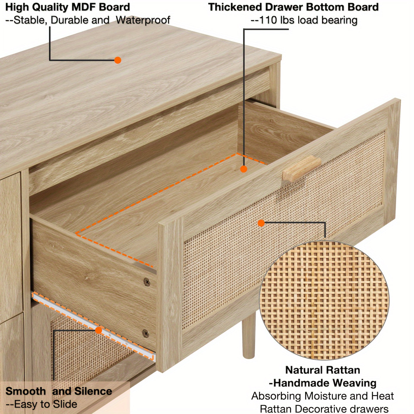 4 Double Drawer Dresser For Bedroom 152cm Widen Wooden Bedroom Dressers With Drawers, Rattan Cane Dresser Modern Chest Of Drawers Wood Oak 4 Drawer Dresser For Bedroom, Hallway, Living Room