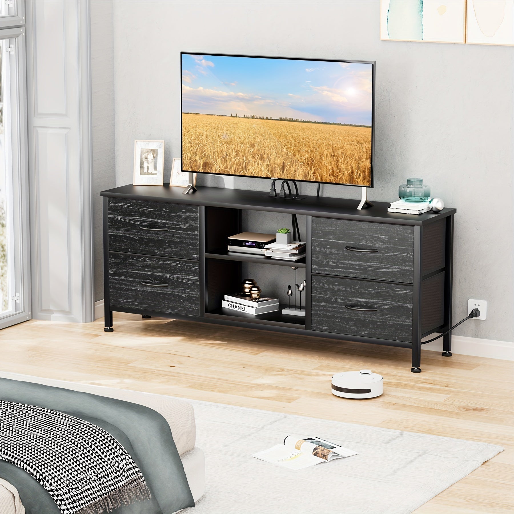 Dresser TV Stand With Power Outlet For 127cm TV, Long Dresser For Bedroom With 4 Fabric Drawers, Wide Console Table For Storage In Closet Living Room Entryway, Wood Top