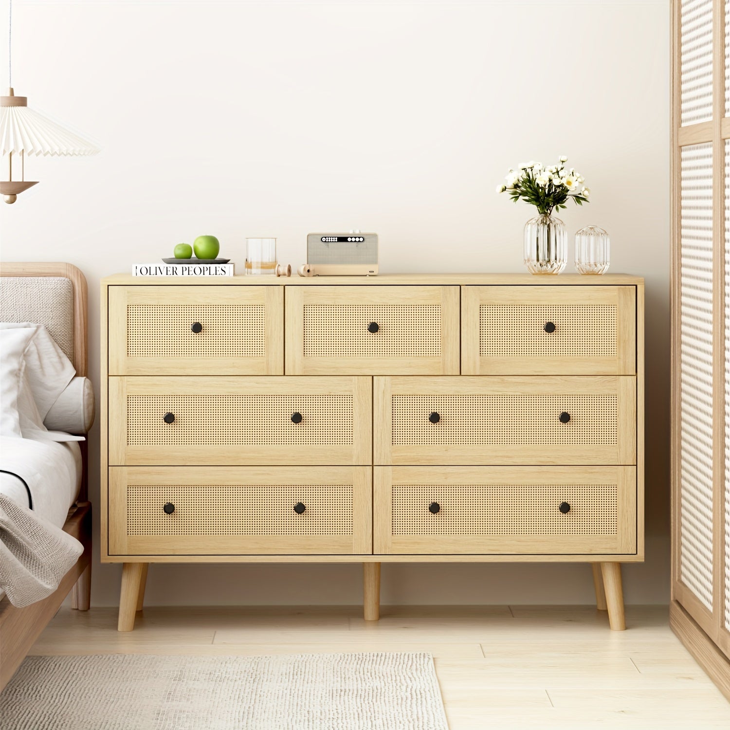 Natural Rattan Dresser For Bedroom, Modern Wood 7 Drawer Dresser With Gold Handles