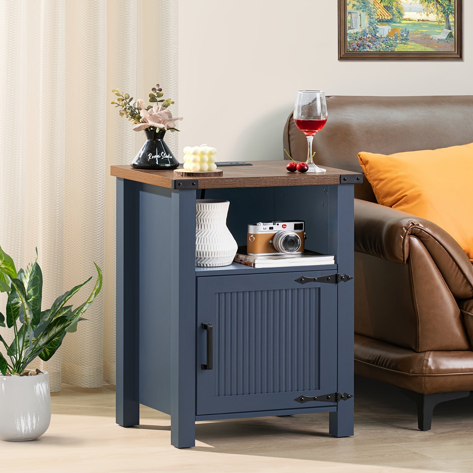 Charming Dark Blue 46cm Farmhouse Nightstand with Charging Station & USB Port, Rustic Hardwood End Table with Magnetic Doors & Storage Shelf - Ideal for Bedroom Comfort, Bedroom Decor