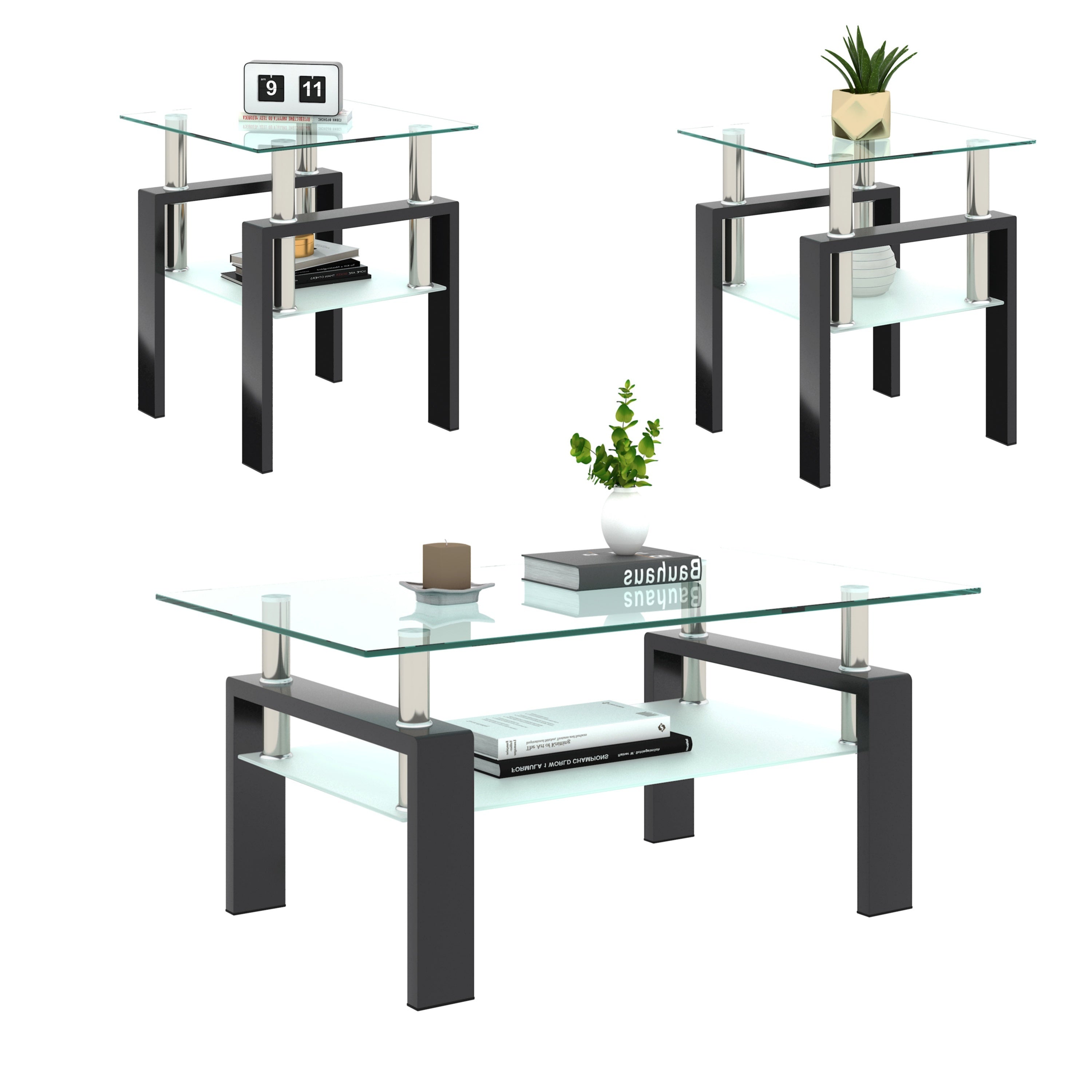 Glass Coffee Table Set Of 3, 3pcs Living Room Tables With Tempered Glass And Metal Frame, Coffee And End Table Sets